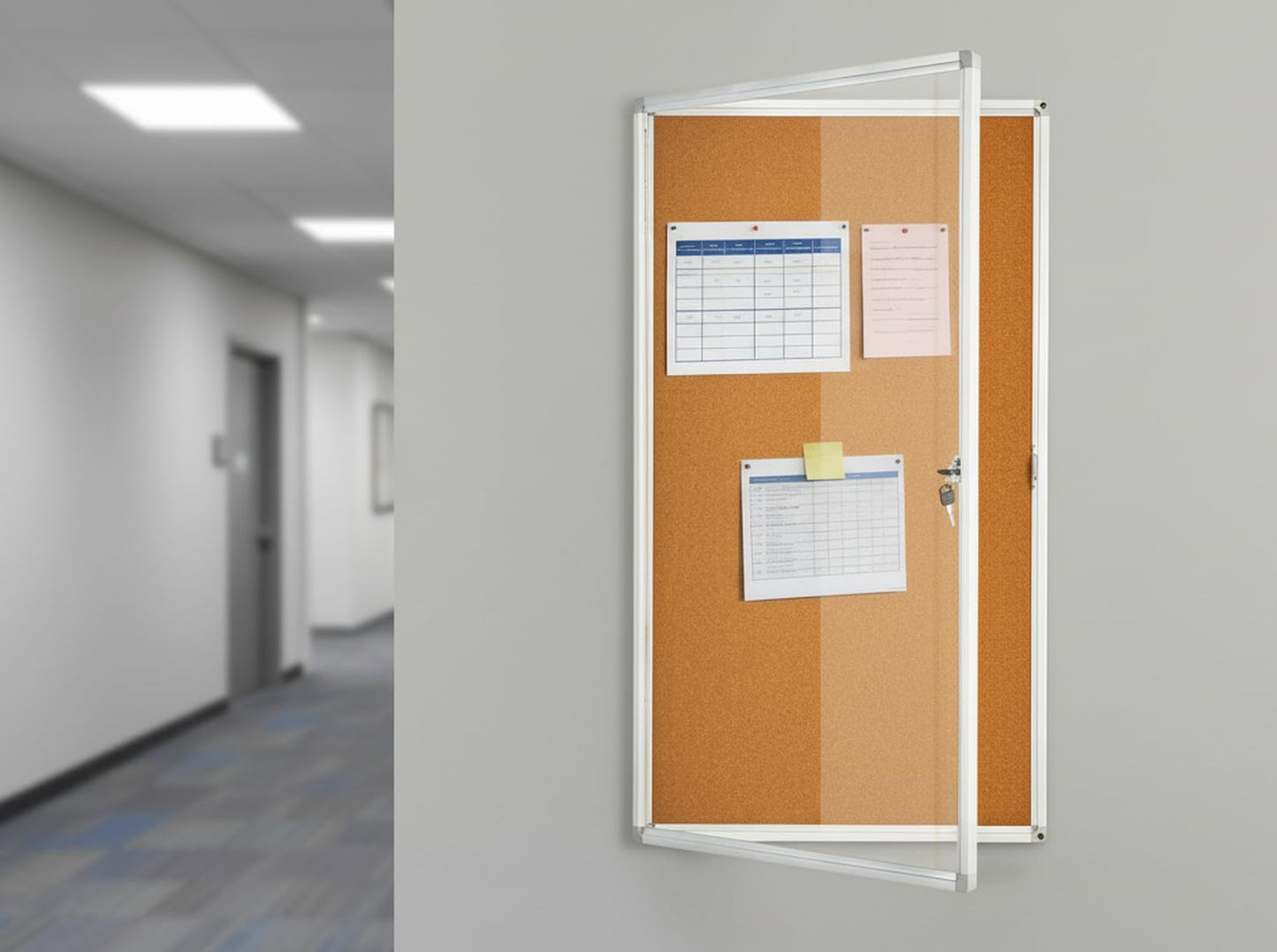 BIBOC Enclosed Bulletin Board,Lockable Cork Noticeboard with Aluminum Frame, Secure Display Case for School Office,Wall Display Case with Lock (Cork, 24×36 inches)