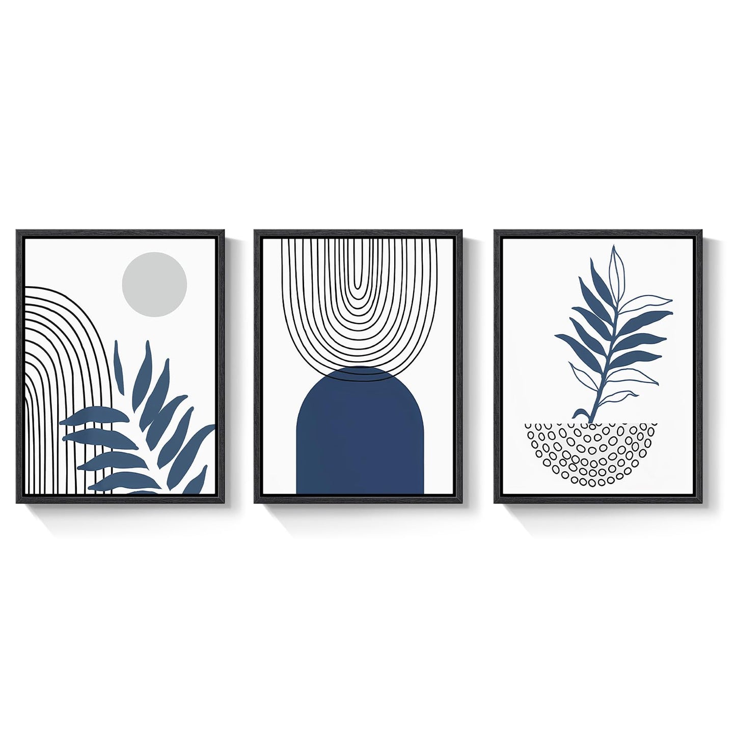 Framed Blue Boho Wall Art for Room Decor, 3 Piece Botanical Line Artwork for Walls, Mid Century Modern Blue Canvas Pictures Prints for Living Room Bedroom Hallway Office Apartment Wall Decor, 12x16 In
