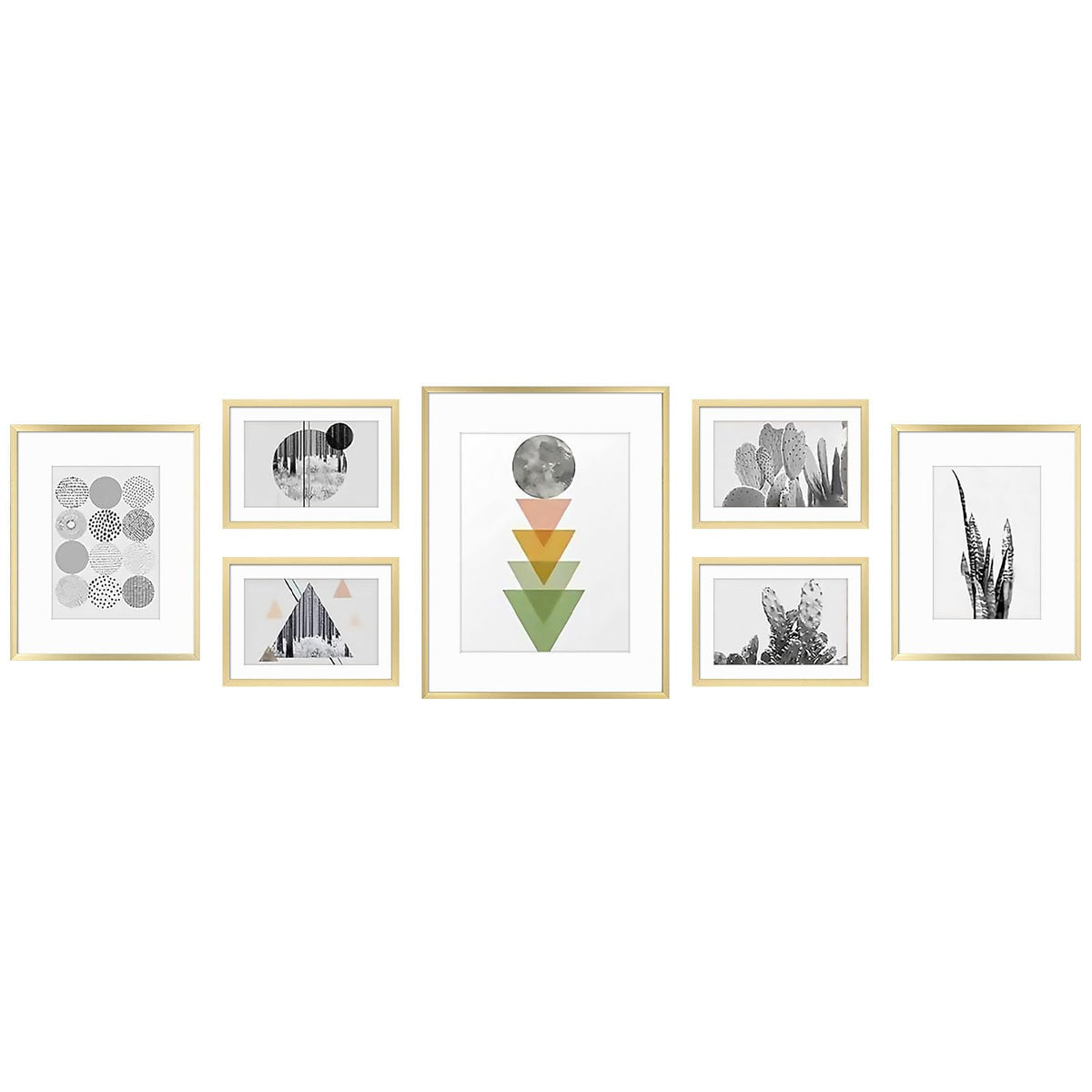 Golden State Art, Aluminum Gallery Wall Frame Set of 7 - Includes One 11x14, Two 8x10, and Four 5x7 - Metal Frames with Mat & Real Glass Cover for Elegant Home or Office Decor (Style 2, Gold)