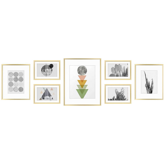 Golden State Art, Aluminum Gallery Wall Frame Set of 7 - Includes One 11x14, Two 8x10, and Four 5x7 - Metal Frames with Mat & Real Glass Cover for Elegant Home or Office Decor (Style 2, Gold)