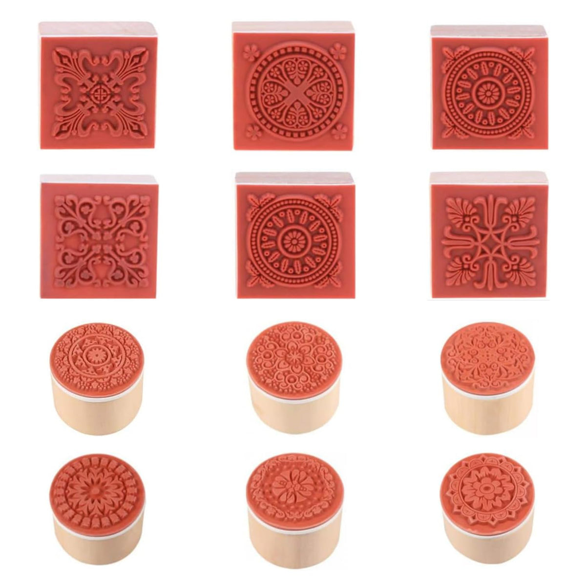 Voittozege 12 Piece Wooden Floral Pattern Stamp Set ，Rubber Stamps Round and Square Decorative Wooden Stamps Set for DIY Crafts, Card Making and Scrapbooking