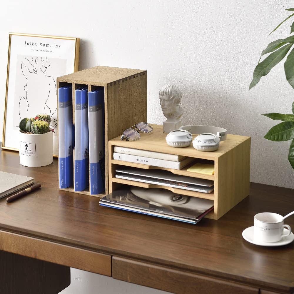 KIRIGEN Wooden Desktop Organizer Paper Storage Letter Tray File Sorter - Desk Rack Magazine File Dividers Holders for Home Office Accessories Wood Desk Cabinet with 3 Layer Trays Natural(3KWJG-NA)