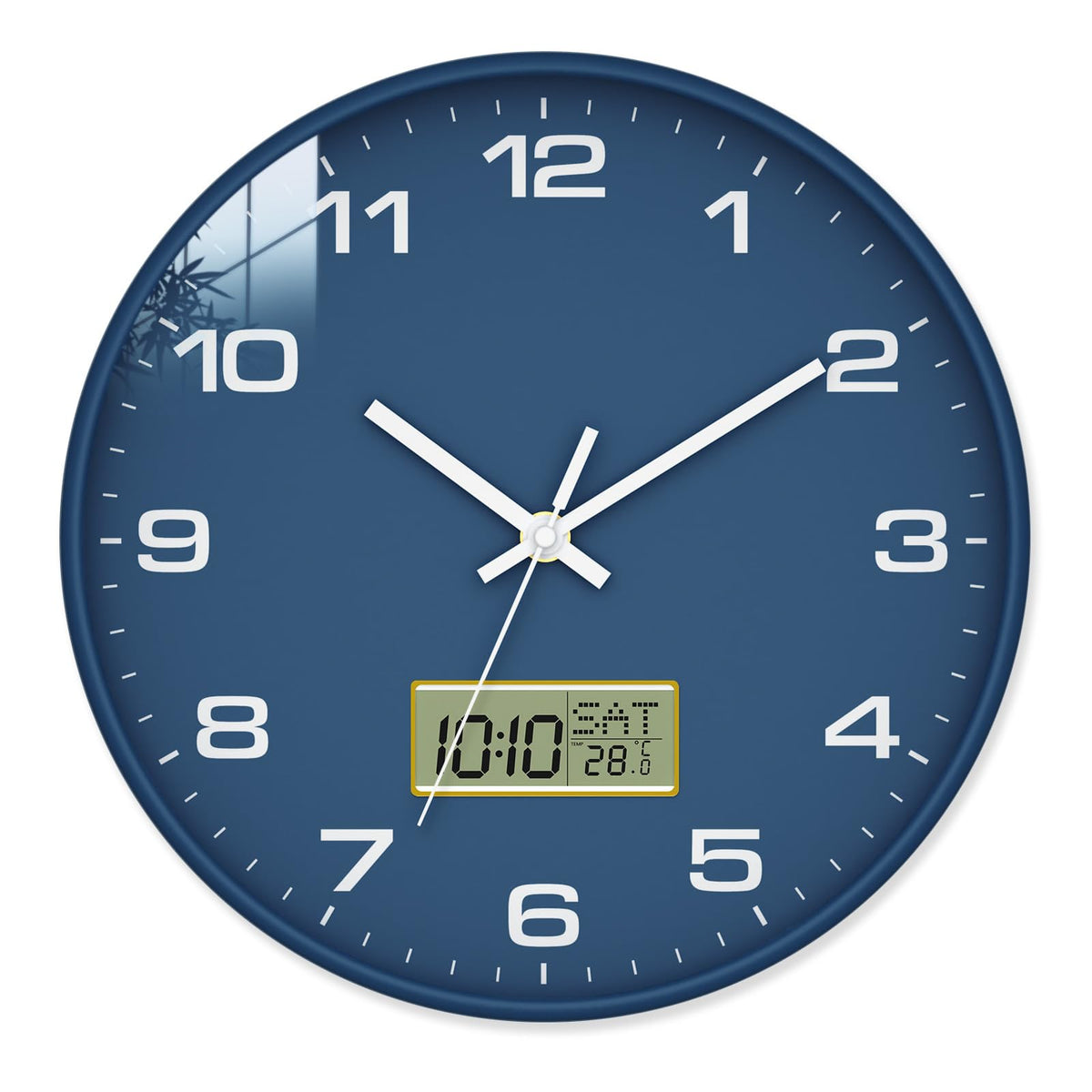 12 Inch Wall Clock, Silent Non-Ticking Analog with LCD Display, Battery Operated, Perpetual Calendar, Date, Weekday & Temperature (°C/°F), Tempered Glass for Living Room, Bedroom, Kitchen, Office