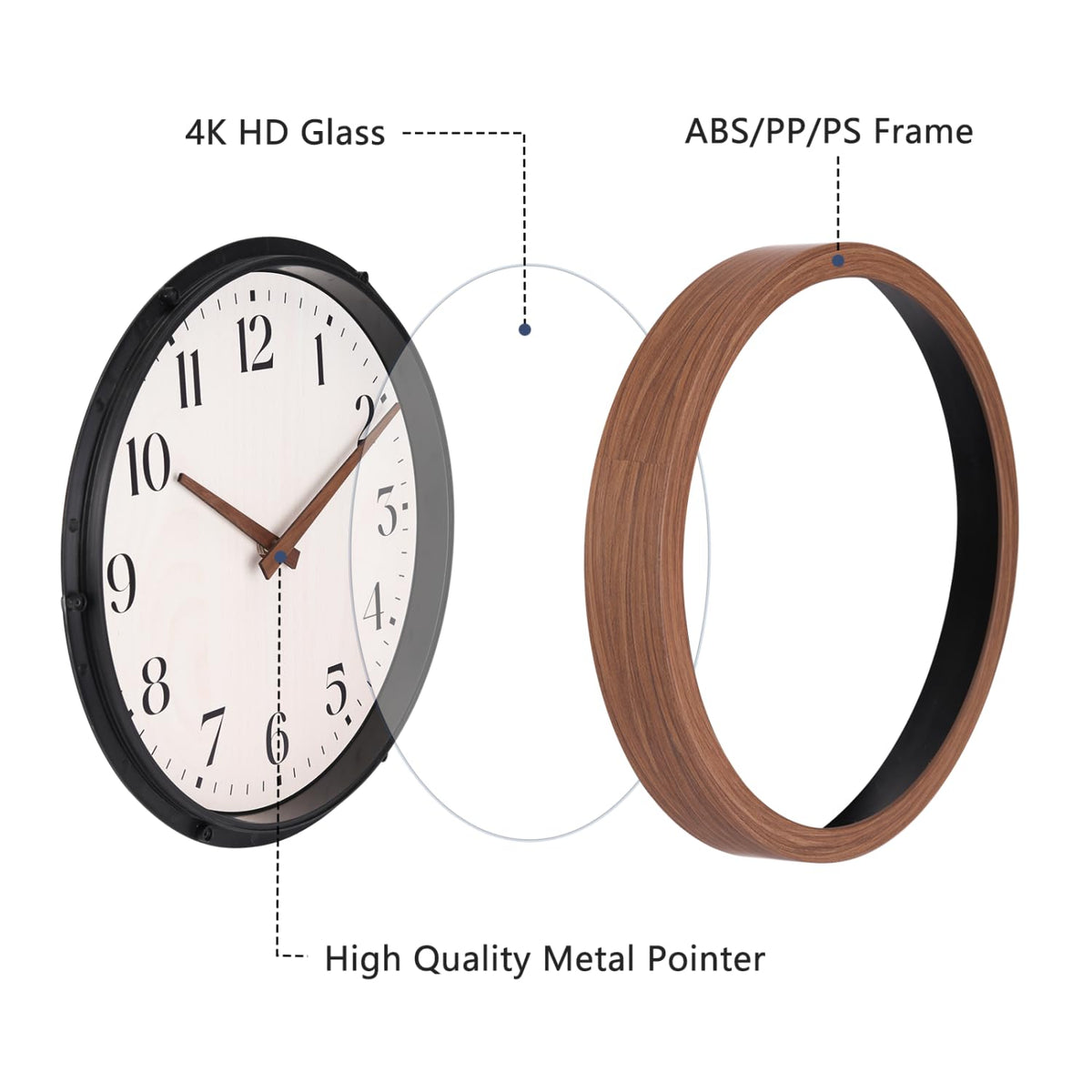 Topkey 12 Inch Round Silent Wall Clock with Wooden Hour and Minute Hands - Wood-Like Frame & White Dial for Home Office Kitchen Decor - Brown