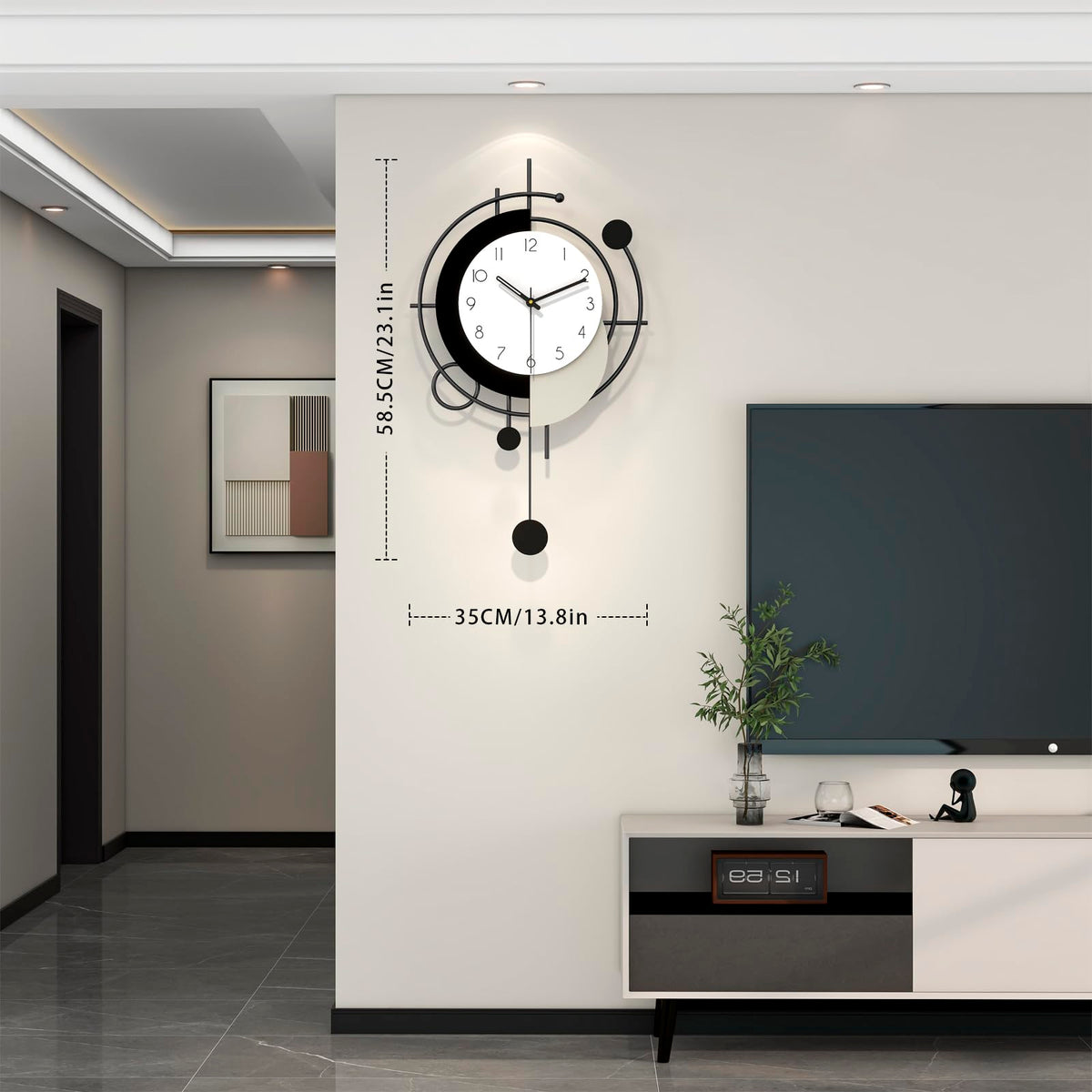 JTWALCLOCK Large Wall Clock for Living Room Decor Modern Decorative Black Wood Wall Clock with Pendulum Battery Operated Non Ticking for Kitchen Bedroom Office 23 Inch Big Silent Art Clock for Home