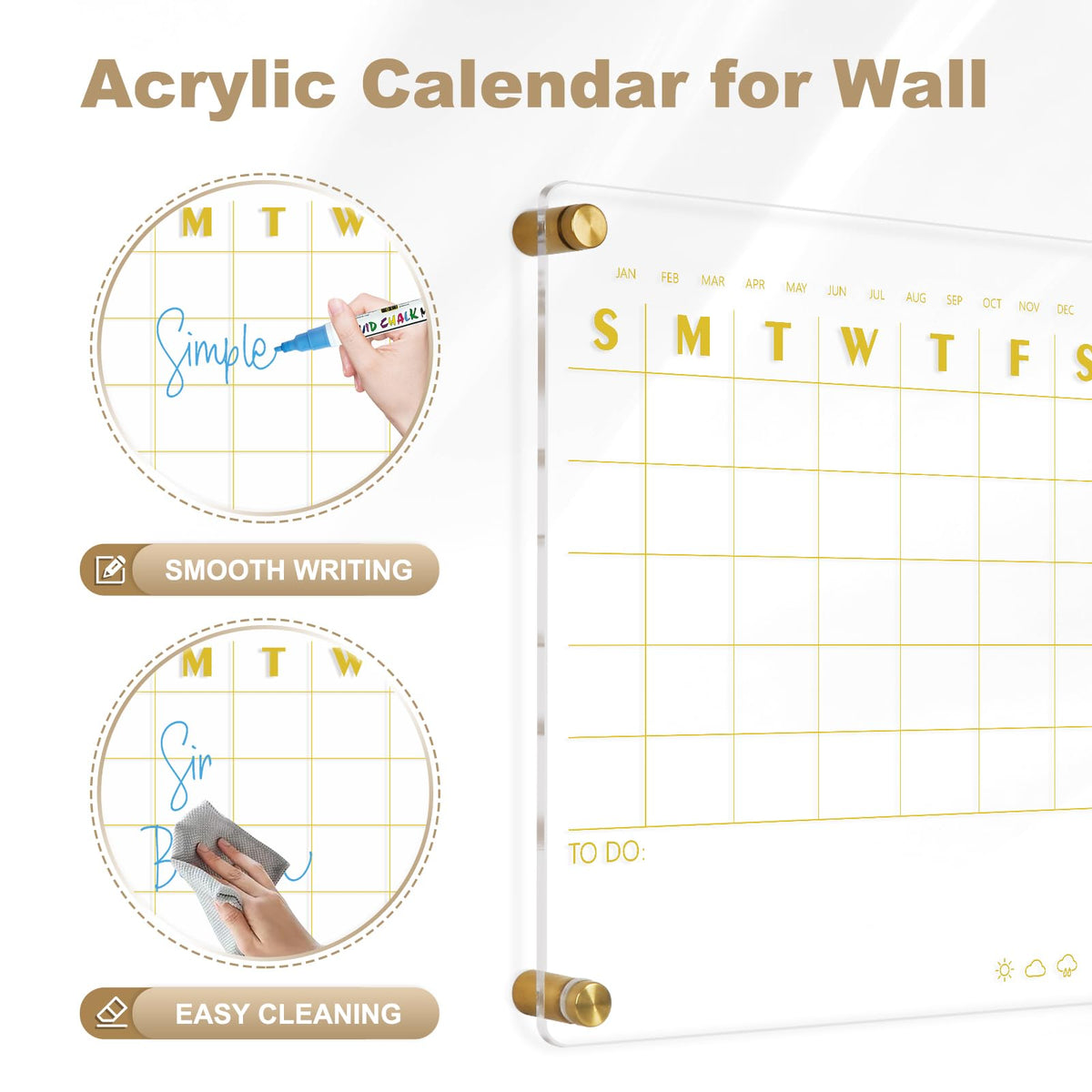 AMUSIGHT Small Acrylic Calendar for Wall, 12" X 14" Golden Clear Acrylic Wall Calendar, Clear Wet & Dry Erase Board Hanging Frameless Weekly Planner for Office, Home or School, 2 Markers