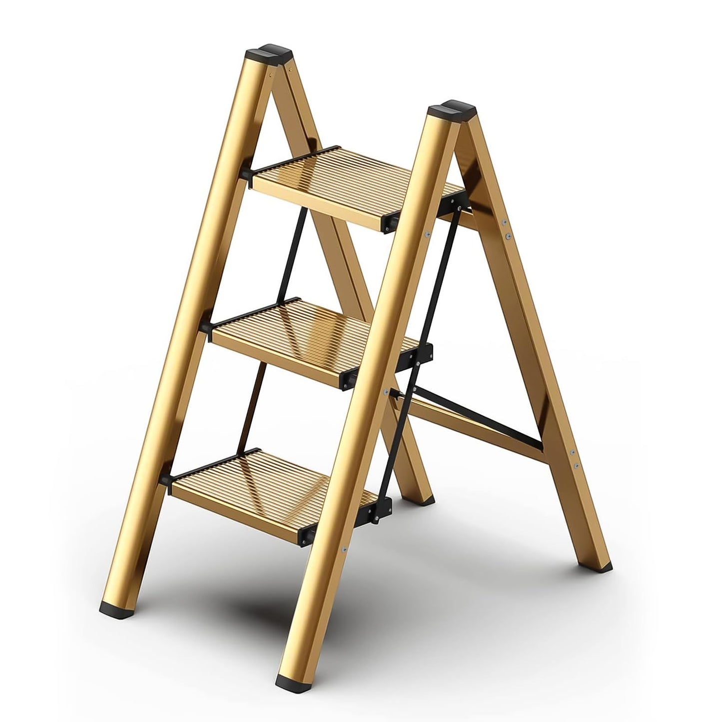 hismocal Foldable 3 Step Stool for Closet/Kitchen-Aluminium Gold Step Ladder Stools, Folding 330lbs Lightweight Ladders with Anti-Slip Wide Pedal, Portable Kids/Adults