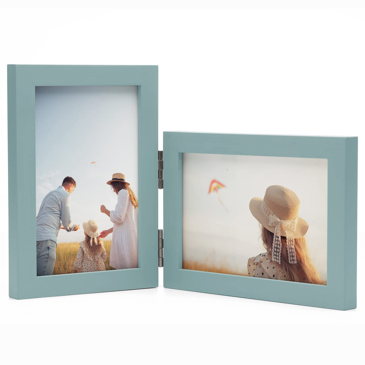 Janreefan Double Vertical & Horizontal 4X6 Picture Frames Hinged Folding Photo Frames in Teal Blue for Wall Hanging or Tabletop Standing, Made of Pine Wood with Real Glass P-S46H64-LAN