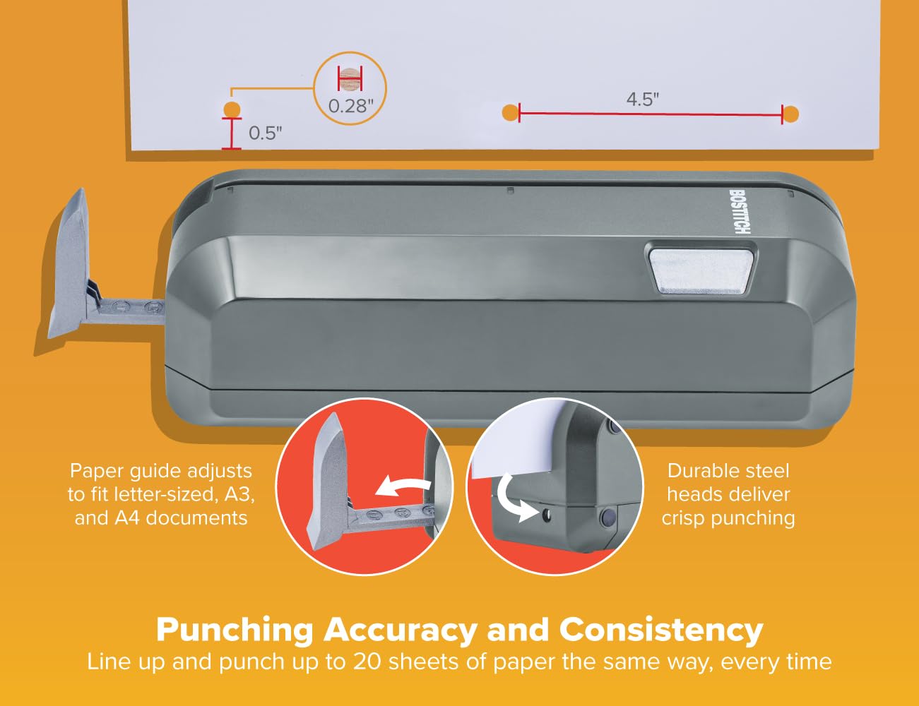 Bostitch Office Electric 3-Hole Punch, Dual Paper Loading, Heavy Duty, Jam-Free 20 Sheet Capacity, AC Adapter or Battery Powered, Space Saving, Grey, (EHP20-GRY)