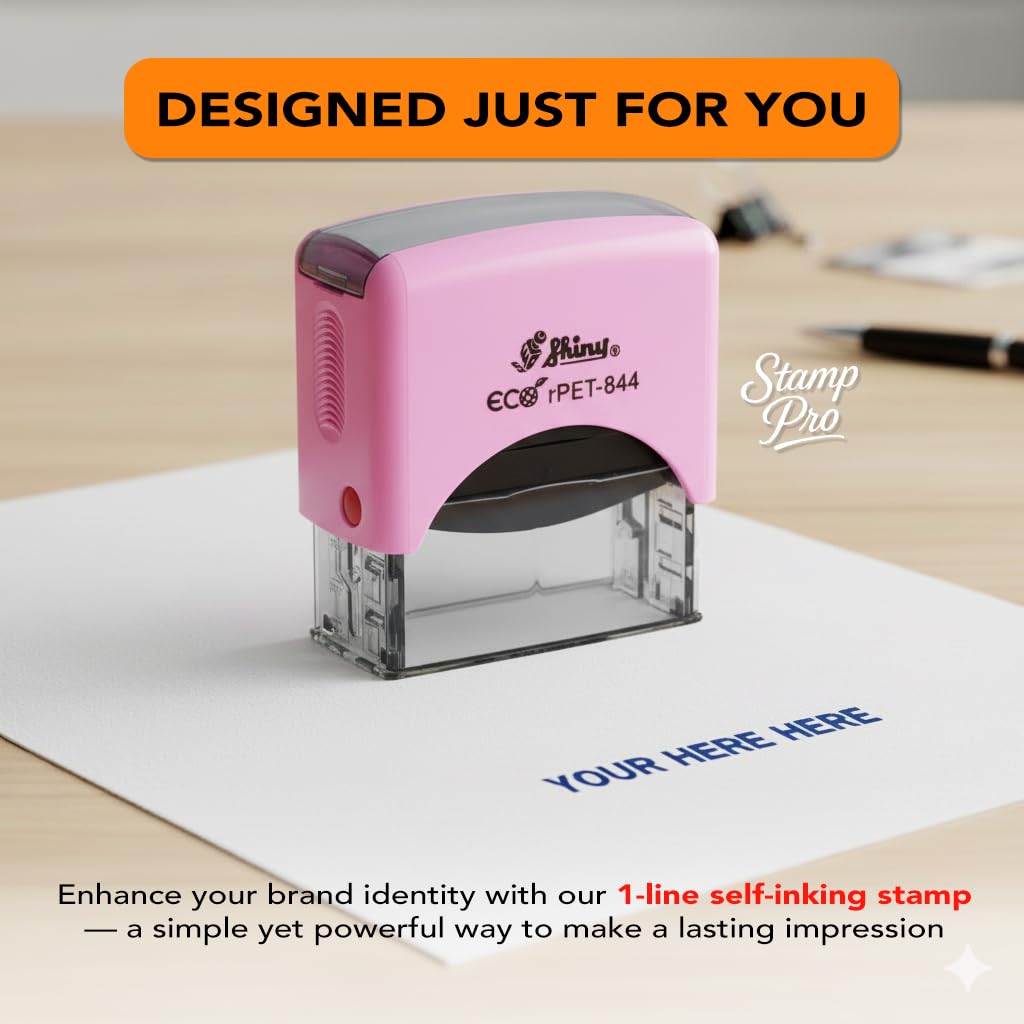 Stamp Pro Pink Self Inking 1 Line Custom Stamp – Personalized Name or Text Stamp for Home, School, Crafts & Business Use