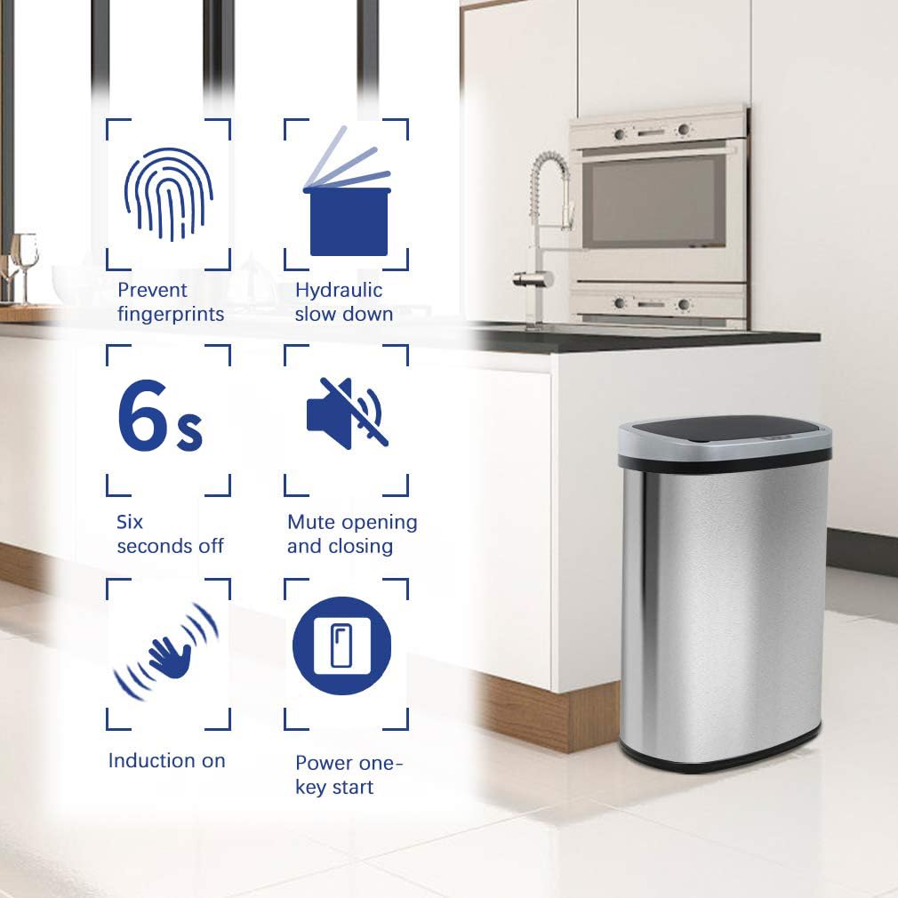 BestOffice | 13 Gallon Trash Can with Lid | Automatic Touchless Garbage Can | Odor Control | Modern Oval Design | Easy to Clean | Stainless Steel | Fits Any Kitchen, Bathroom, Office or Home