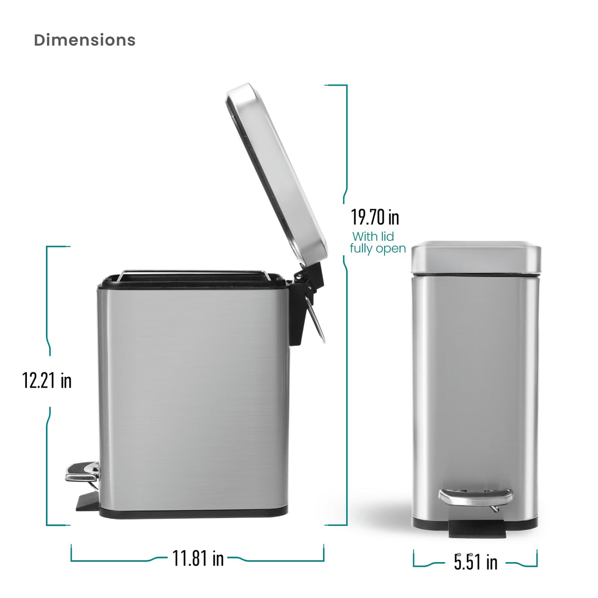 Home Zone Living 1.3 Gallon Small Bathroom Trash Can with Lid and Step Pedal, Stainless Steel Wastebasket with Slim Design for Home and Office, Silver, 5 Liters