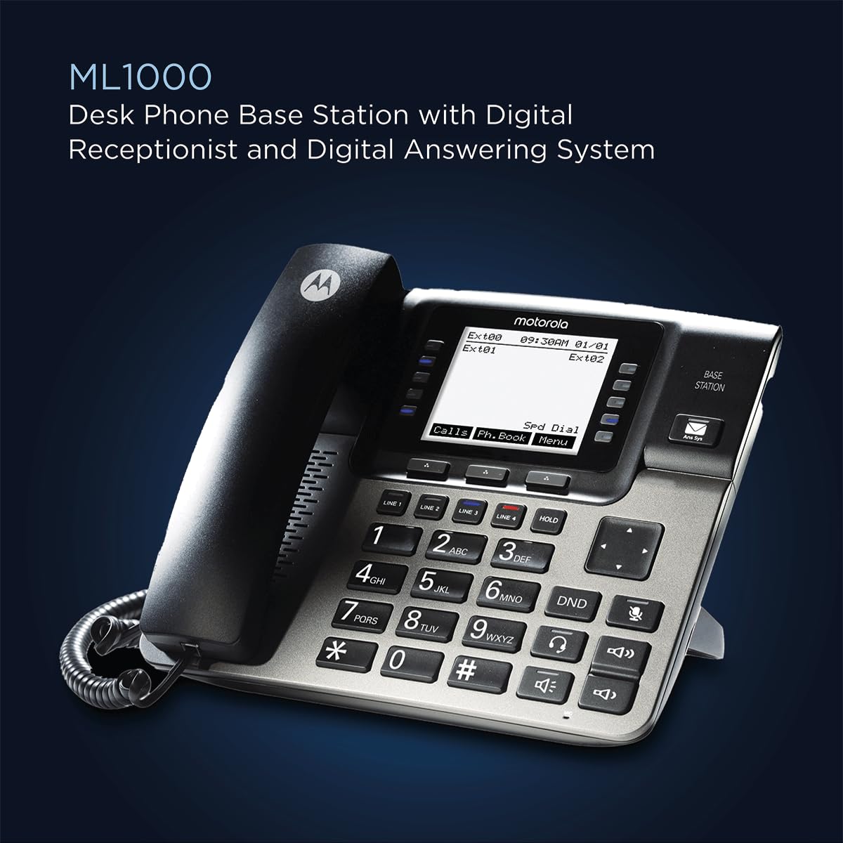 Motorola ML1000 4-Line Corded Base Station | Expandable Small Business Phone System | Supports up to 10 Wireless Extensions (ML1100/ML1200) | Digital Receptionist & 200-Minute Answering System