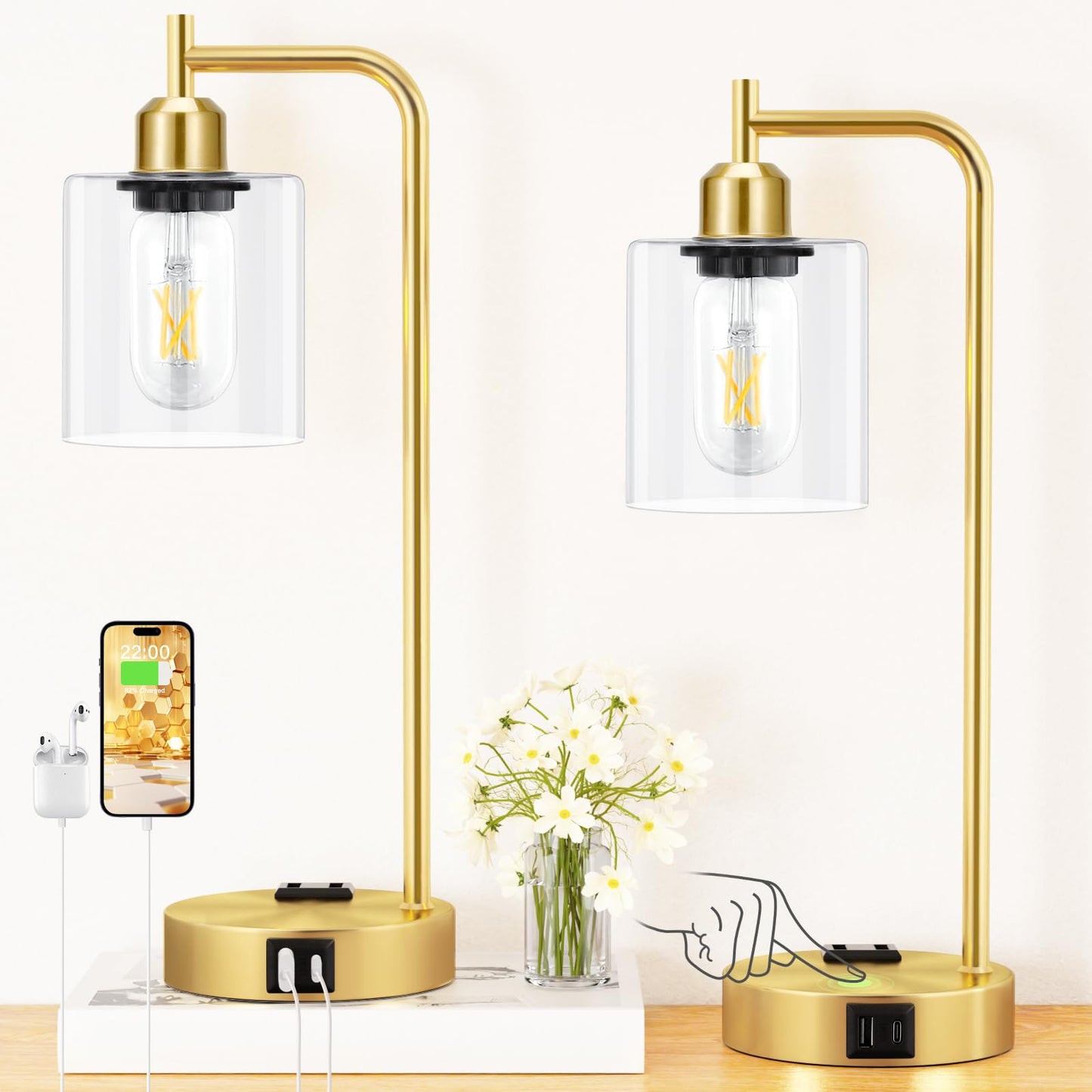 Innqoo Industrial Gold Table Lamp for Bedrooms Set of 2-3-Way Dimmable Desk Lamp with USB C+A Ports and Outlet, Gold Lamps with Clear Glass Shade for Living Room, Desk Lamps for Home Office