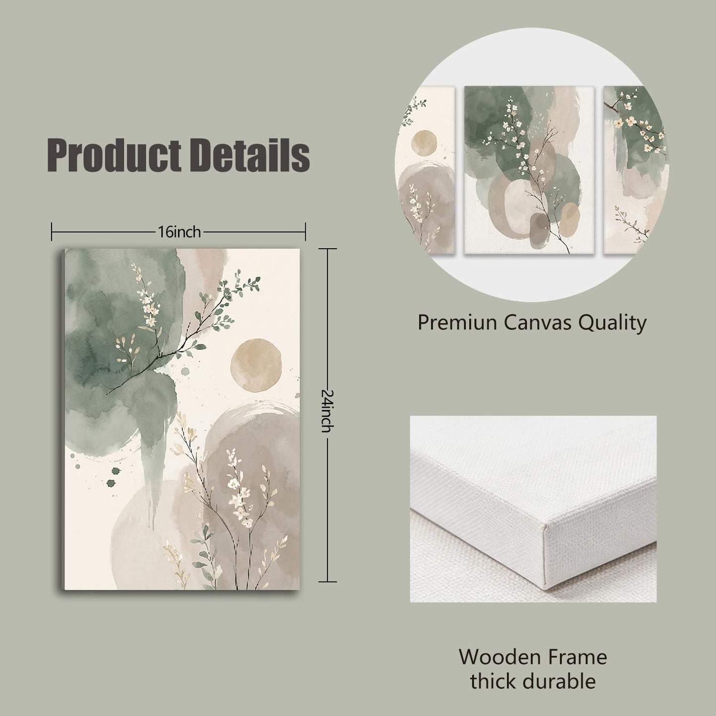 Framed canvas floral wall art neutral colors hazy feel botanical print poster gallery style painting print for living room bedroom bathroom office 16x24 inch 3-piece set.