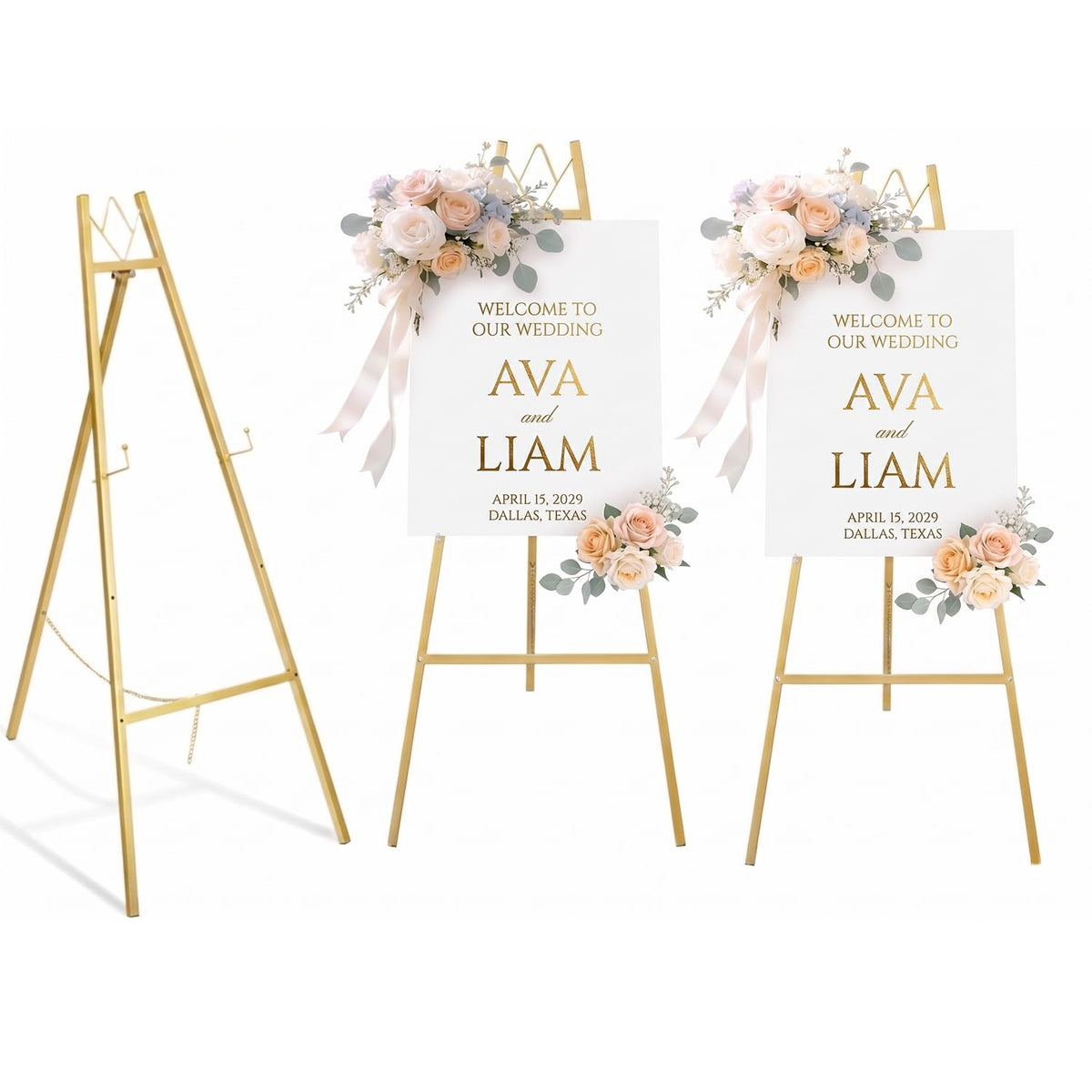 GRENTY 2 Pack Gold Easel Stand for Wedding Signs – No Assembly Needed, Heavy Duty Metal Display Stand for Art, Welcome Signs, Posters, Pictures, Paintings, and Floor Décor