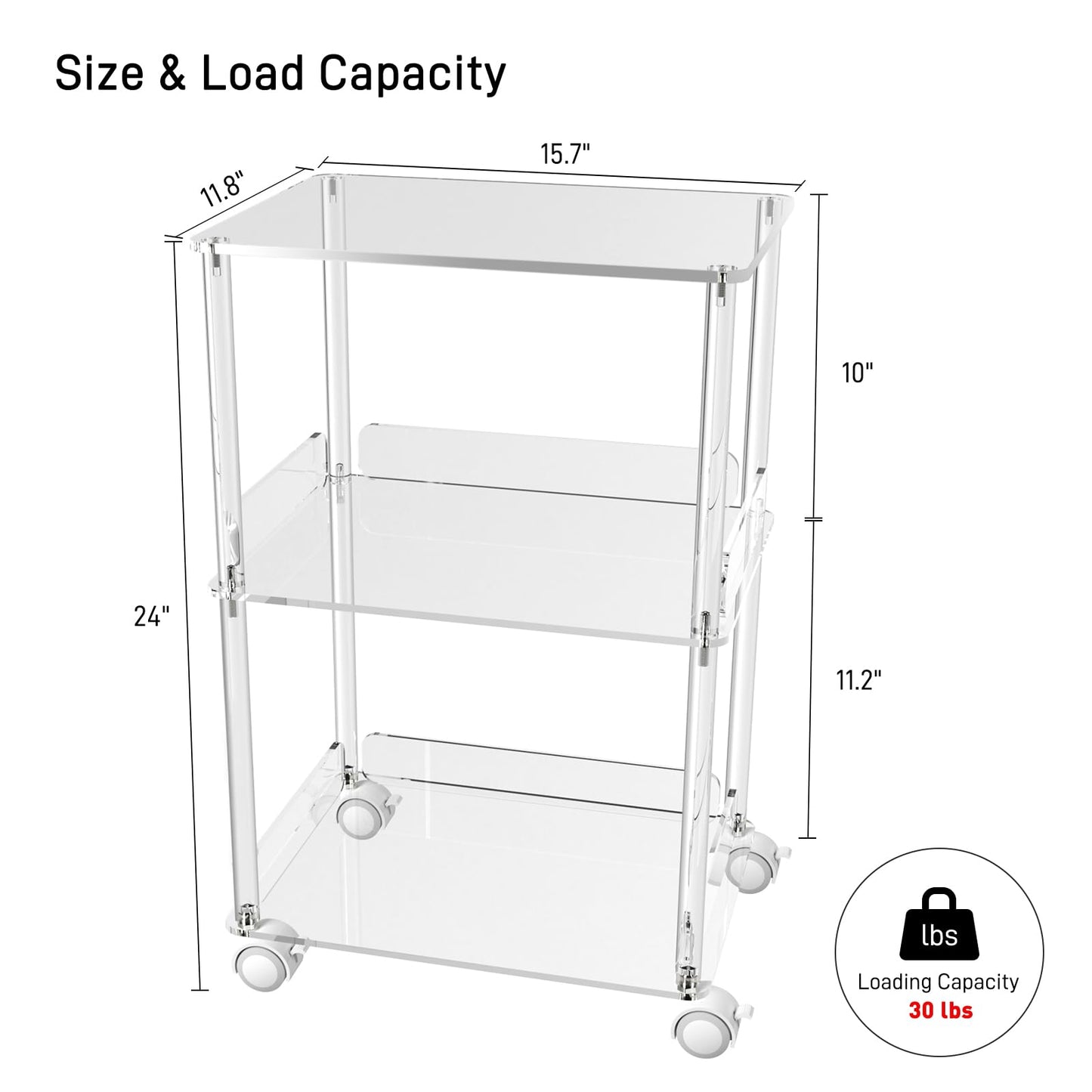 HMYHUM Acrylic Printer Stand, 3 Tier Clear Printer Cart with Lockable Wheels, Multifunctional Printer Table for Office & Home, Modern, 15.7" L x 11.8" W x 24" H