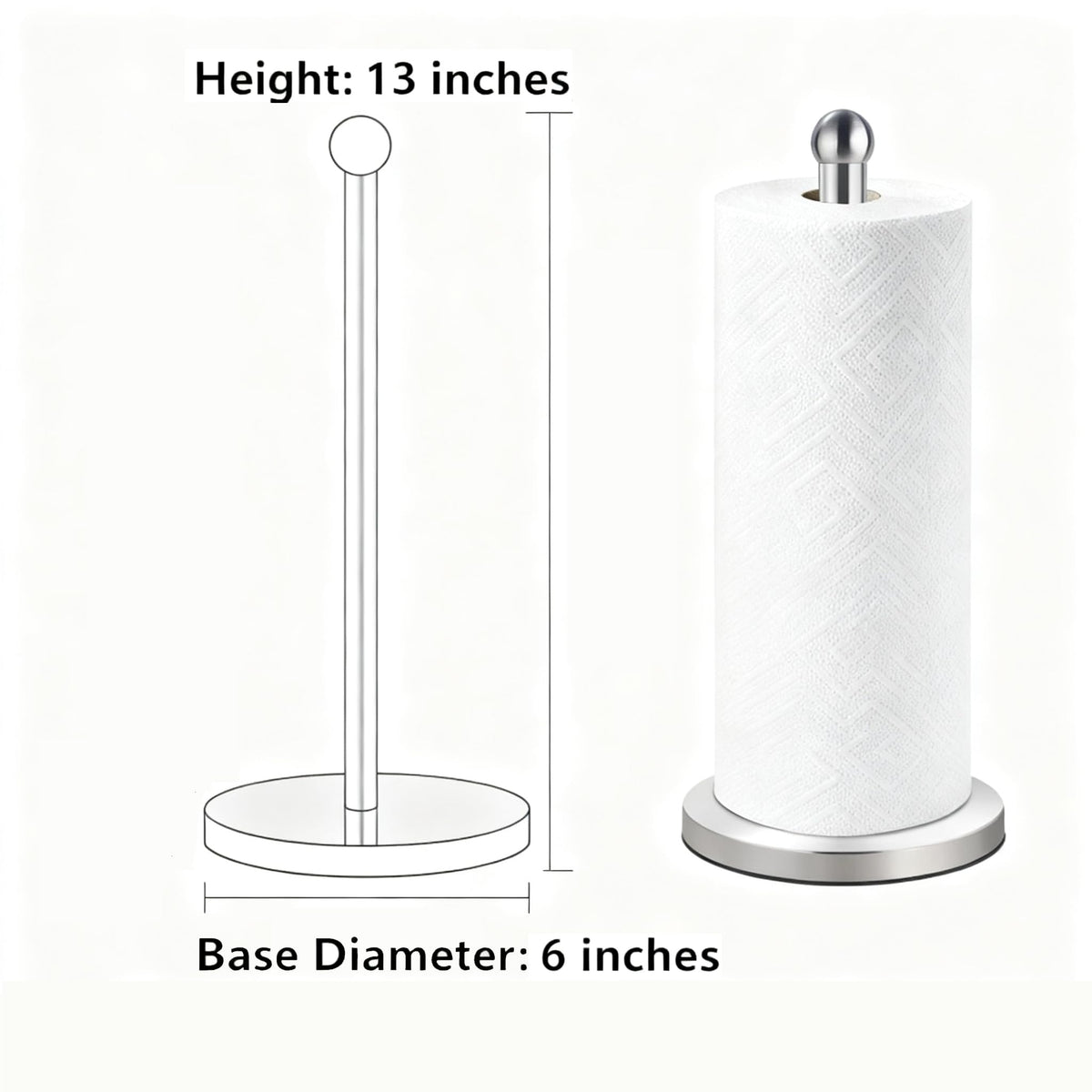 DAWNER Paper Towel Holder Countertop, Freestanding Kitchen Paper Holder Stand, One-Handed Tear, Stainless Steel, Paper Towel Dispenser with Weighted Base for Standard Towel Rolls, Brushed Nickel