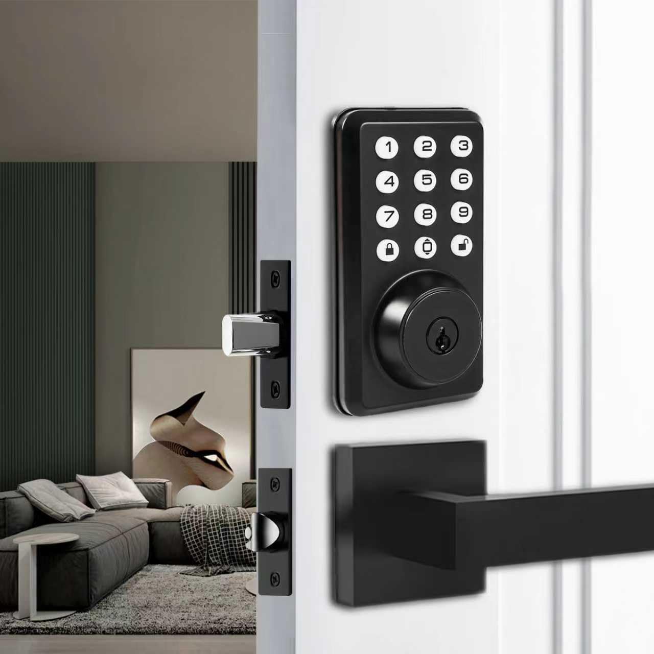 Front Door Handle and Deadbolt Set, Keyless Entry Door Lock Deadbolt with Doorbell, Electronic Keypad, Voice Prompt, Auto Lock, Anti-Peeping Password, Digital Code Door Lock, Matte Black
