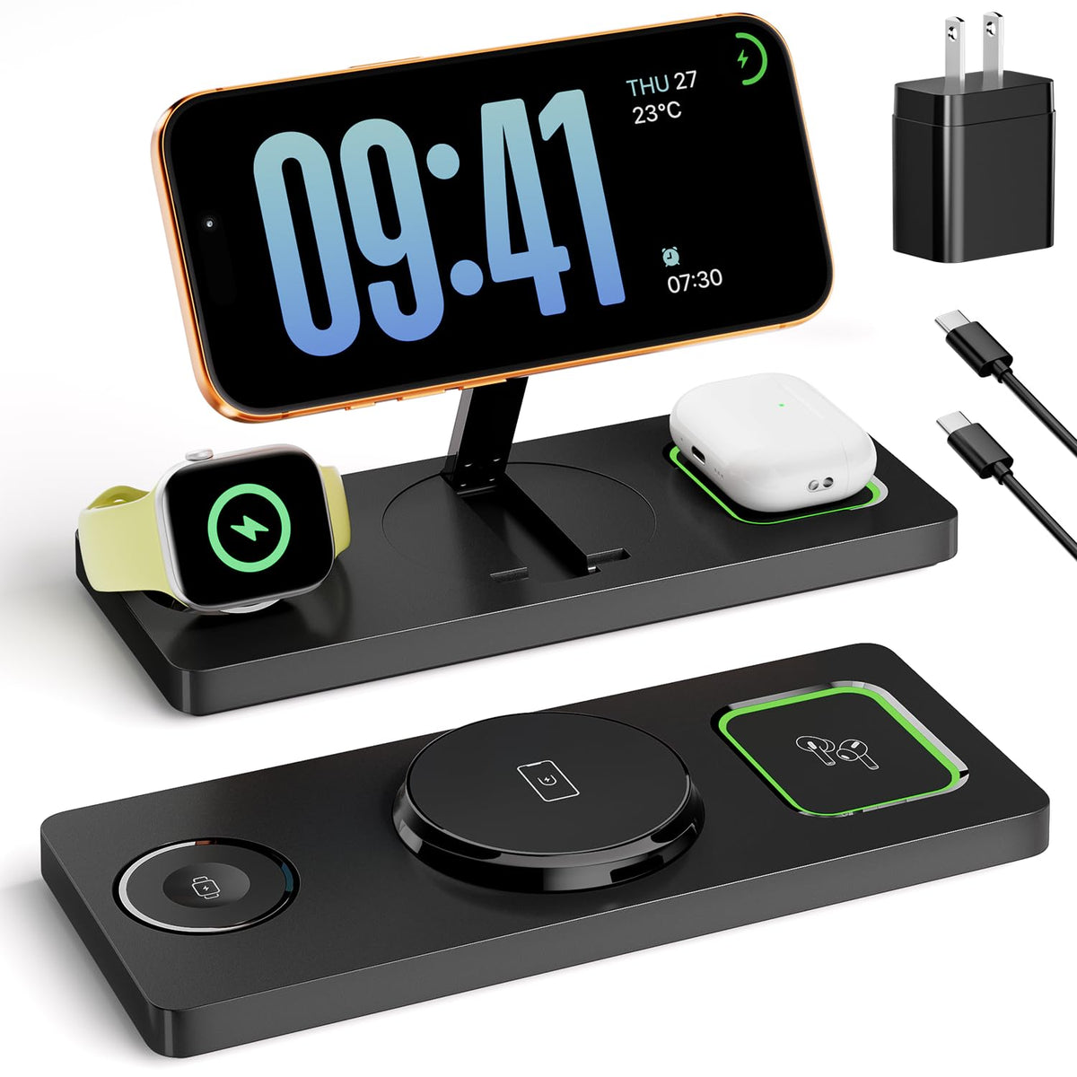 Foldable 3 in 1 Charging Station for Magsafe, Magnetic Phone and Watch Charger Stand for Apple Devices, Wireless Desk Charger Dock for iPhone 17 16 15 14 13 12 Series, Apple Watch and Airpods
