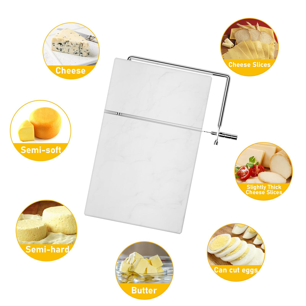 TOPULORS Cheese Slicer with 5 Replacement Upgrade Thick Cutting Wires - Heavy Duty 5"x8" Handheld Marble Board Cutter for Block Cheese, Butter - Kitchen Gadget Slicers Tool - White