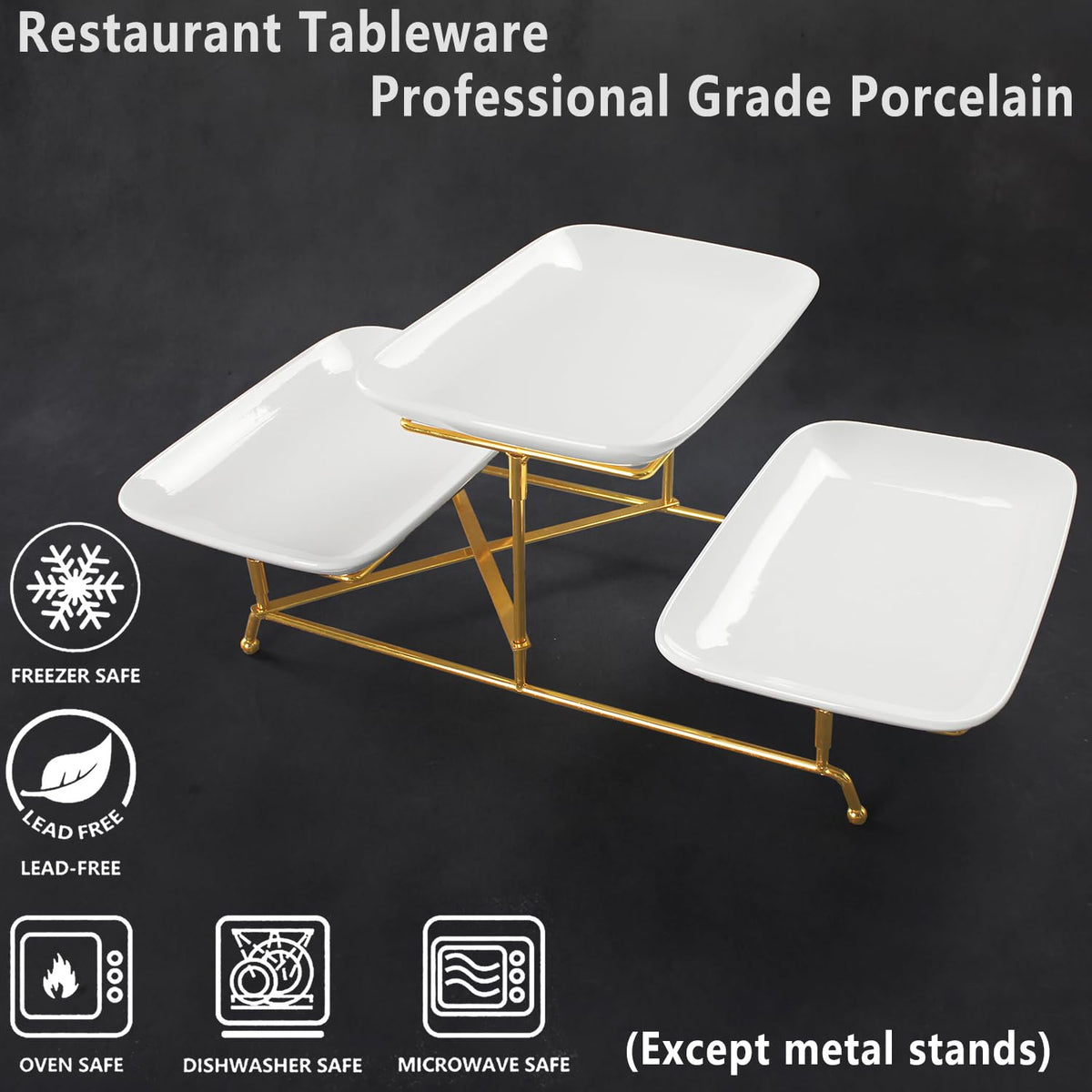 LIUYWYHCF 3-Tier Serving Rack with Ceramic Serving Tray, Foldable Gold Stand with 3 Pieces White 10.6 Inch Large Plates for Food Display, Fruit, Dessert Server Display and Entertaining