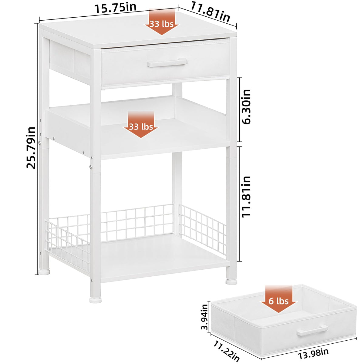 Lerliuo White Printer Stand with Fabric Drawer, 3 Tier Industrial Side Table, Modern Small Printer Desk Holder with Storage Shelf,Multi-Functional Bedside Tables for Home Office Fax Machine Scanner
