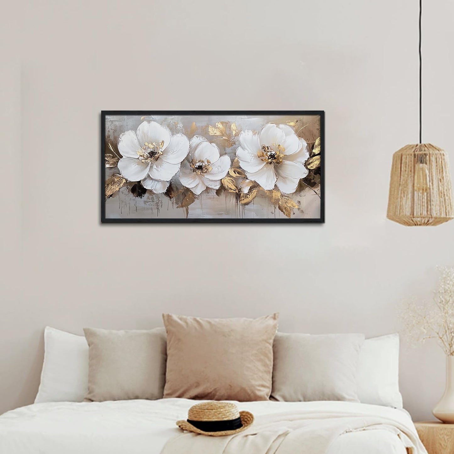 Large Framed Cream White and Gold Abstract Floral Paintings Modern Canvas Wall Art Flower Print Artworks for Home Office Decor