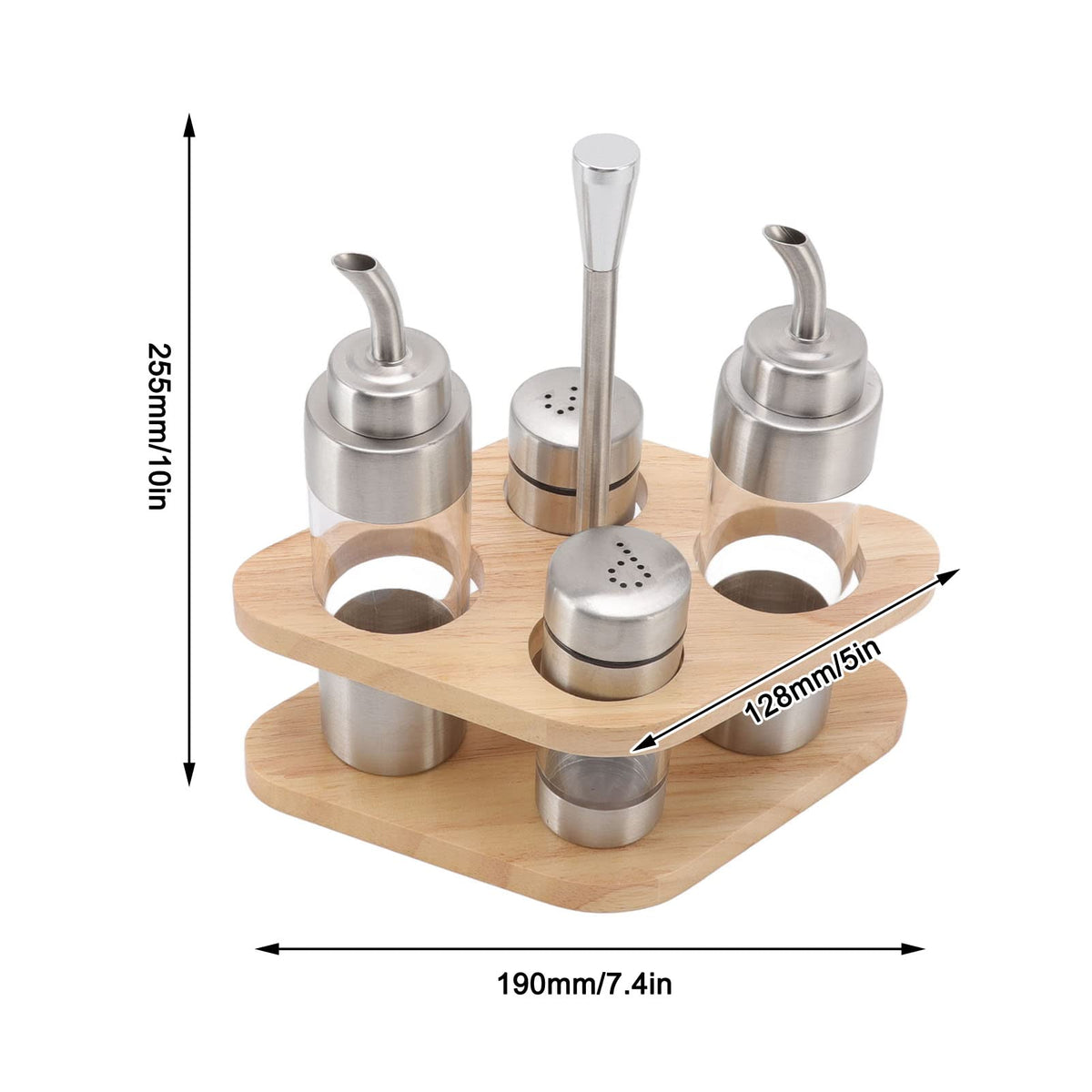 Cyrank Salt and Pepper Shakers, Olive Oil and Vinegar Dispenser Set with Wood Holder Glass Spice Dispenser for Home Kitchen Restaurant