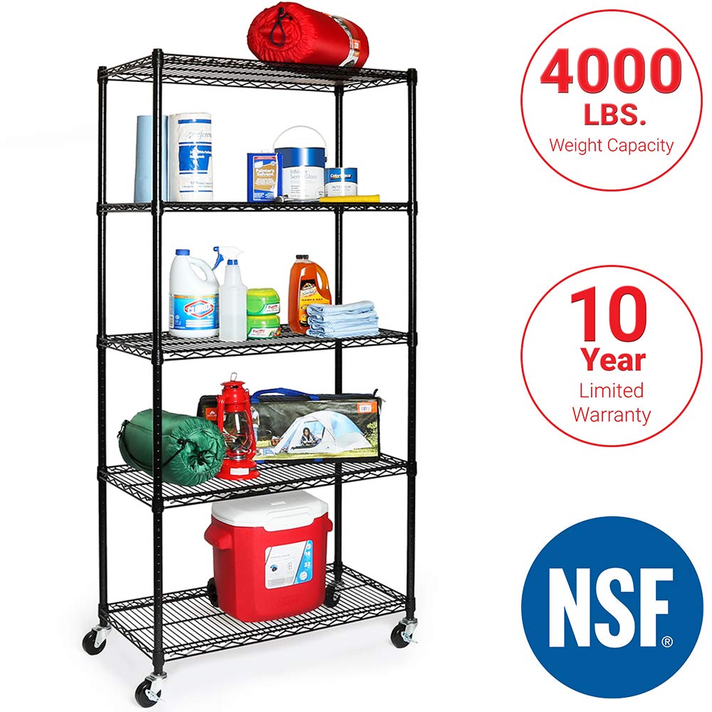 Seville Classics UltraDurable Heavy Duty NSF Solid Steel Wire Rack Storage Unit, Organizer for Garage, Warehouse, Office, Restaurant, Classroom, Kitchen, Black, 5-Tier Shelving, 36" W x 18" D