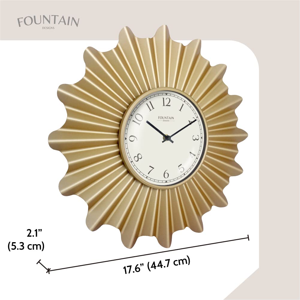 FOUNTAIN DESIGNS 18 Inch Mid Century Modern Starburst Wall Clock, Minimalist Silent Non Ticking Metal Wall Clock for Living Room Decor, (Hamilton Gold, 18")