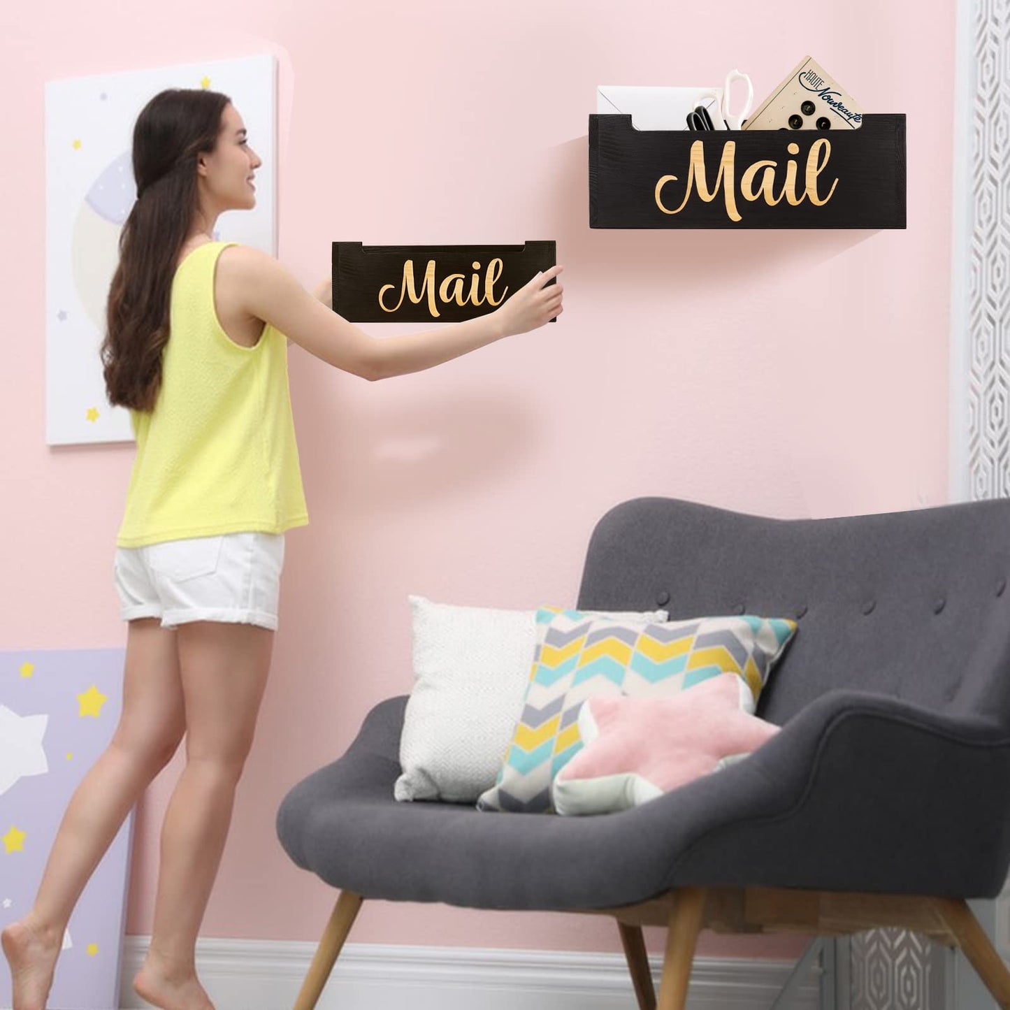 Mail Organizer Mail Holder Countertop, Rustic Wooden Mail Basket Mail Tray Letter Holder Box for Desk Home Office Wall Mount