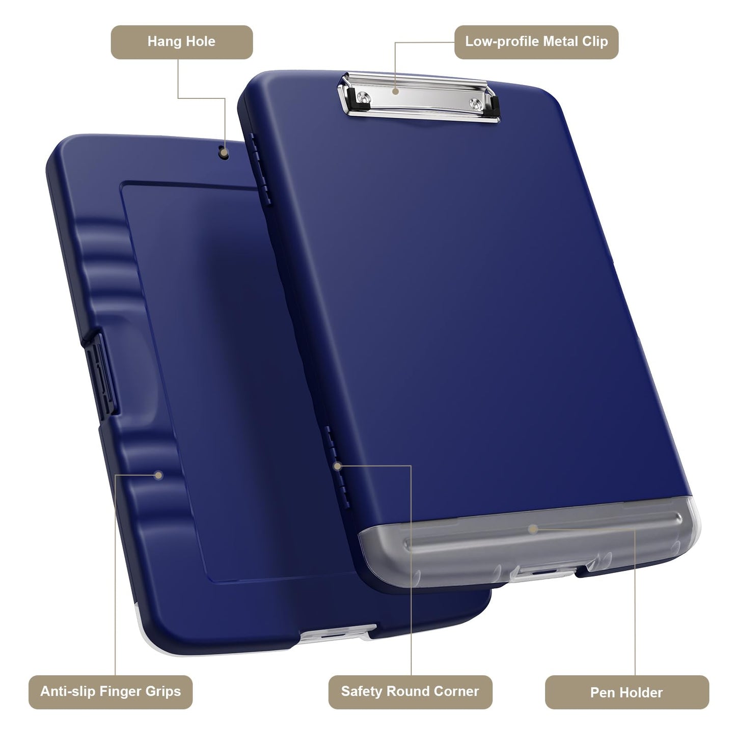 Piasoenc Clipboard with Storage, 8.5 x 11 Organization Box with Pen Holder and A4 Legal Paper Folder, Heavy Duty Plastic, Folio & Side-Opening, Low Profile Clip for Nurses, Teachers,Navy Blue
