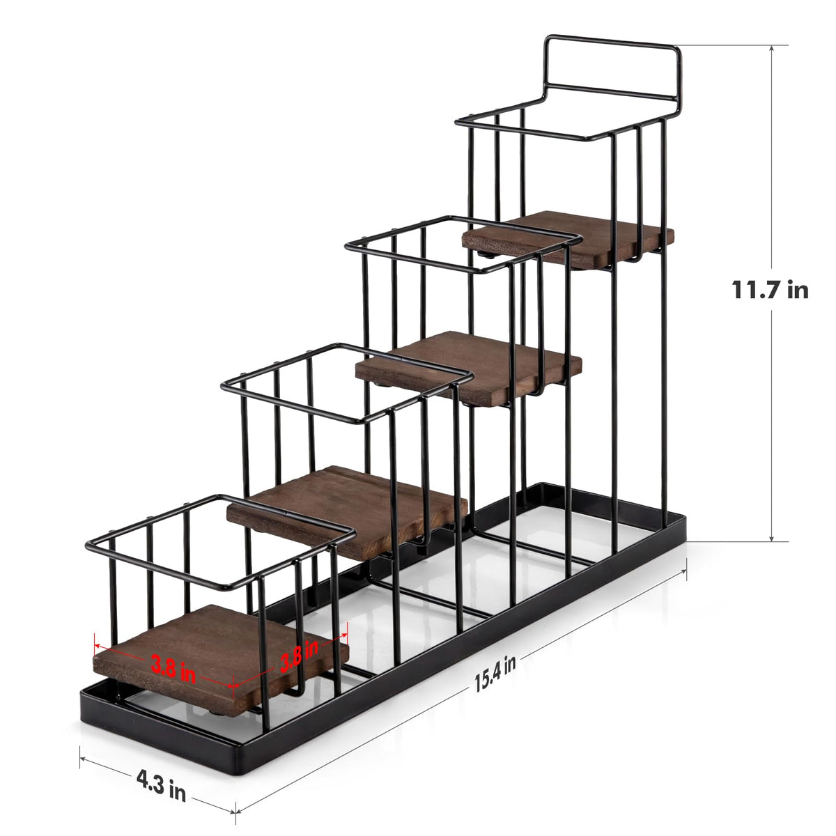 Coffee Syrup Rack Organizer, with Rustic Wood Holder Coffee Station Bar Accessory for Syrup, Wine, Dressing Bottle Countertop Display Storage Stand for Kitchen with Basket and Hooks Holds 4 Bottles