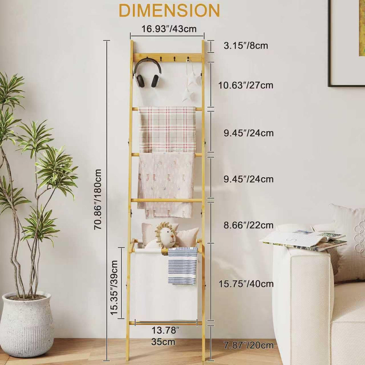 BAMBANG Bamboo Blanket Ladder with Basket, 5-Tier Quilt Rack Stand with 4 Hooks & Storage Hamper for Living Room Bathroom, Wall Leaning Decorative Ladder Shelf for Blankets Display (Natural)