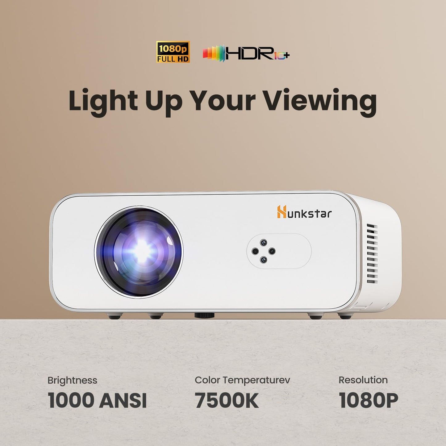HUNKSTAR Mini Projector, 4K Support Projector with Wifi 6 and Bluetooth 5.2, 1000 ANIS Portable HD1080P Home Video Projector with Auto Focus, Suitable for Family Gatherings, Various Festivals (White)