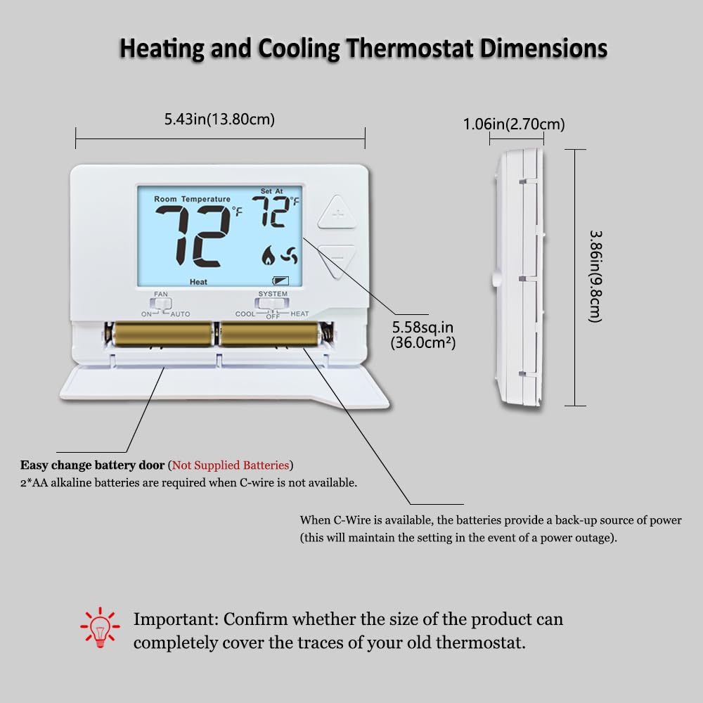 Thermostat for Home Non-Programmable Single-Stage Systems,1 Heat / 1 Cool,Easy DIY,White Backlight