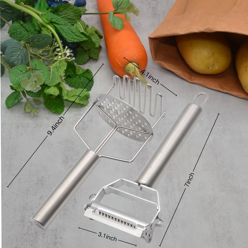 MASALACO 3-in-1 Multi-Peeler Stainless Steel Potato Masher Set,2-Piece Kitchen Tools for Peeler Vegetables,Carrots,Apple and Masher,Banans,Puree Making