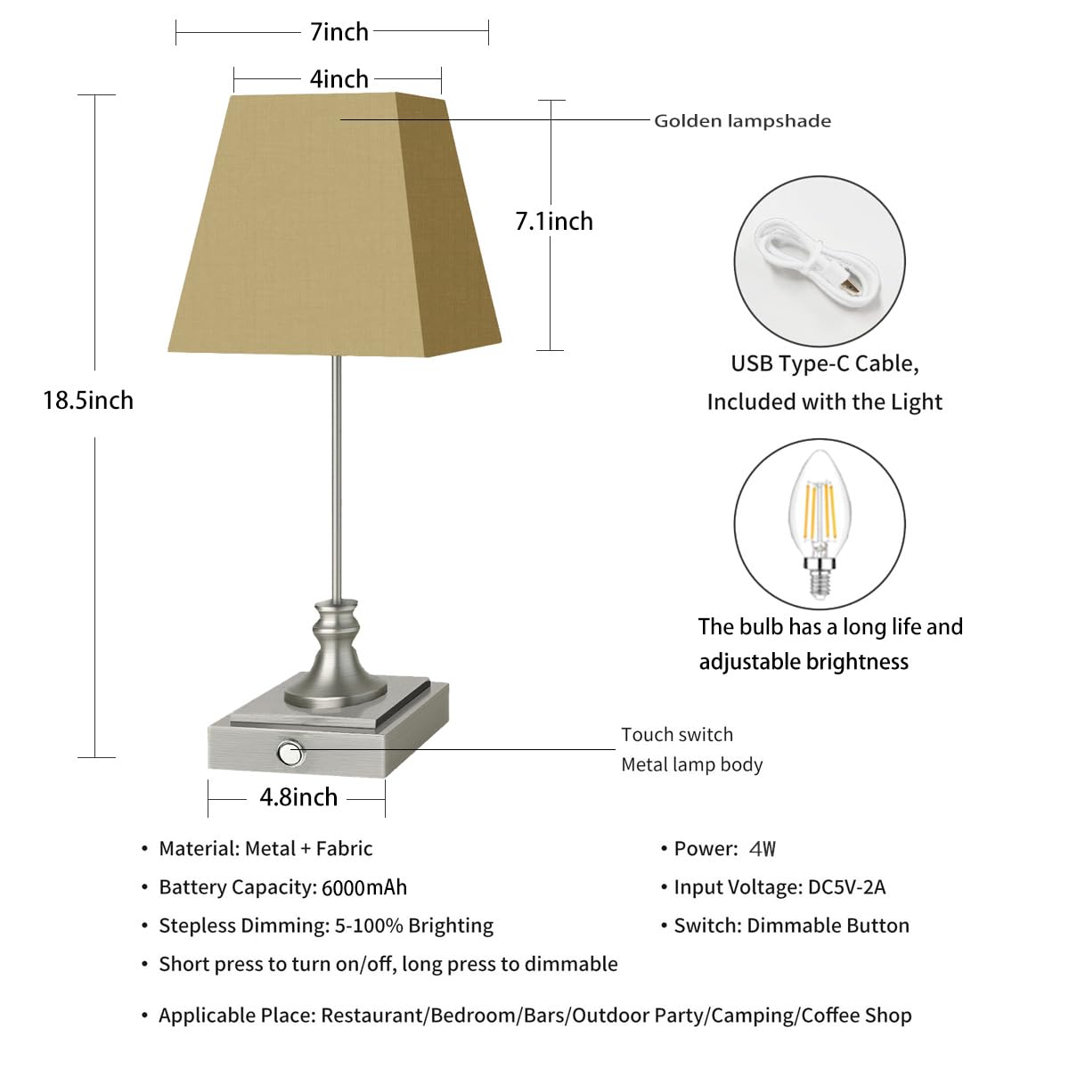 Rechargeable LED Table Lamps with Stepless Touch Control,Sliver Cordless Lamp for Living Room&Bedside&Patio&Shower,Small Desk Lamp(6000mAH Battery),1 Pack for Home Decor,Best Gifts for Family
