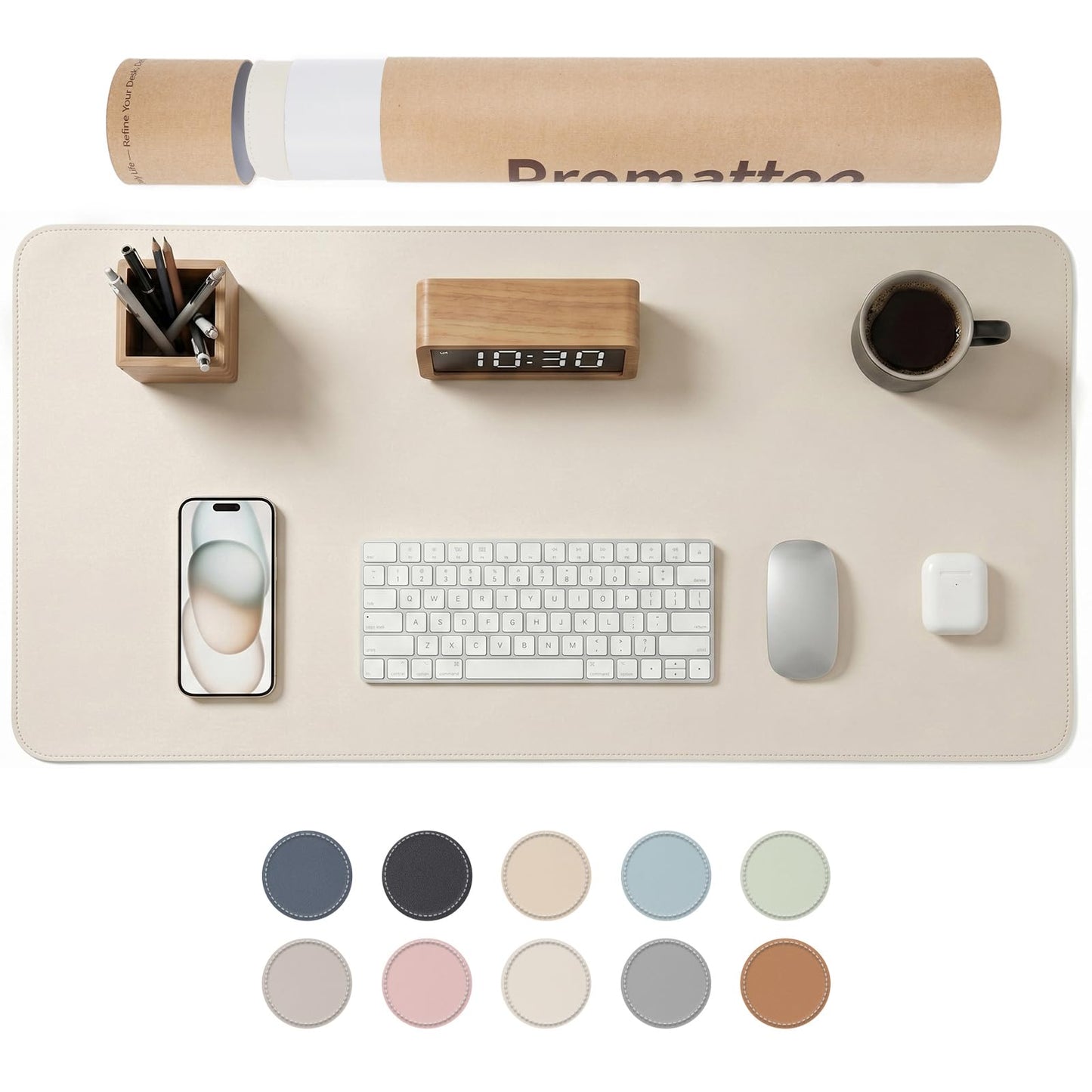 PROMATTOO Large Desk Pad Non-Slip Desk Mat Protector for Keyboard Mouse Waterproof Vegan Leather Surface Faux Leather Laptop Mat Smooth Mouse Pad Premium Gift Tube Creamy White 35" x 17"