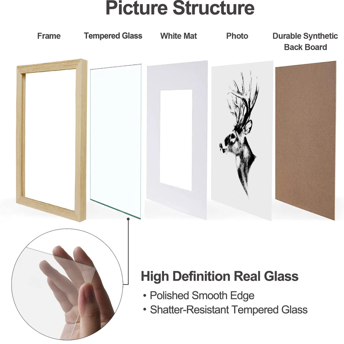Yaetm 5x7 Oak Picture Frame with Mat for 4x6 Set of 4, Natural Solid Oak Wood Photo Frames 5 x 7 with Tempered Glass, Display on Tabletop or Wall Mounting