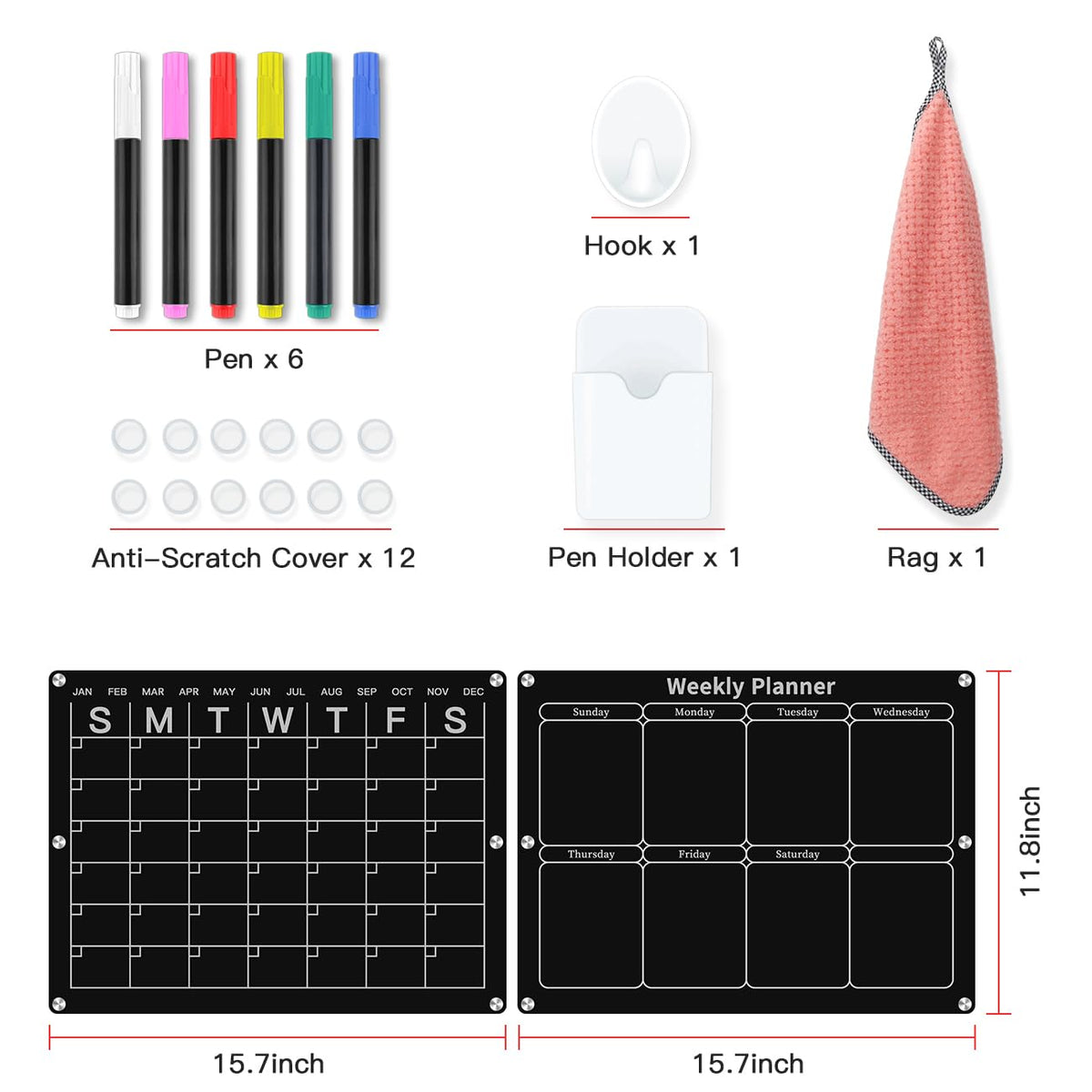Magnetic Monthly & Weekly Fridge Calendar - Black Dry Erase Acrylic Refrigerator Planning Board Includes 6 Colorful Markers, Pen Holder, Towel, Hook