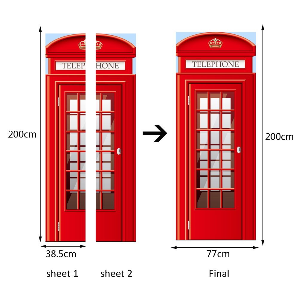 Modern Art Phonebooth 3D Door Sticker, Peel and Stick Vinyl Door Mural Decals for Home Decor, 30.3x78.7(77x200cm), 2 Pcs Set