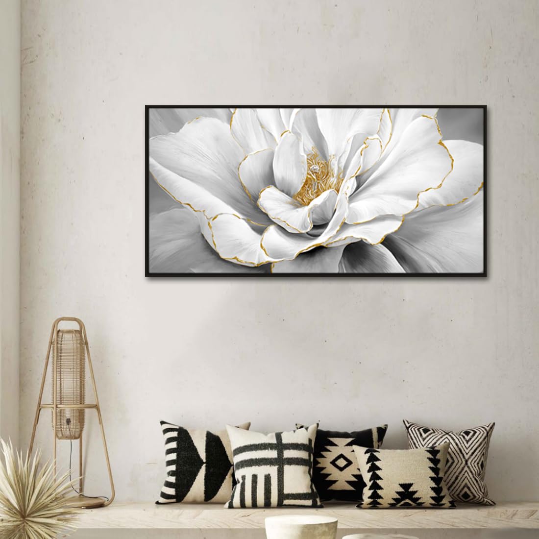 Woxfcart Framed Peony Floral Wall Art, Black and White Dahlias Flower With Gold Accents Print Canvas Artwork for Gray Living Room Bedroom Office Decor, 48 x 24 Inch