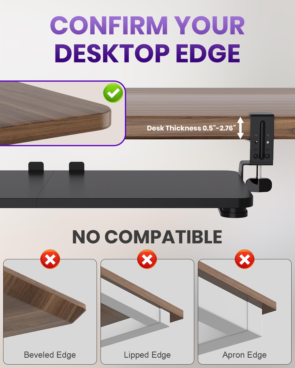Zontera Ergonomic Keyboard Tray Under Desk, Pull Out with Adjustable C-clamp, 25.6 (31.5 Including Clamps) x 11.8 Inch Slide Out Computer Keyboard Drawer Mouse Tray for Typing, Large & Black