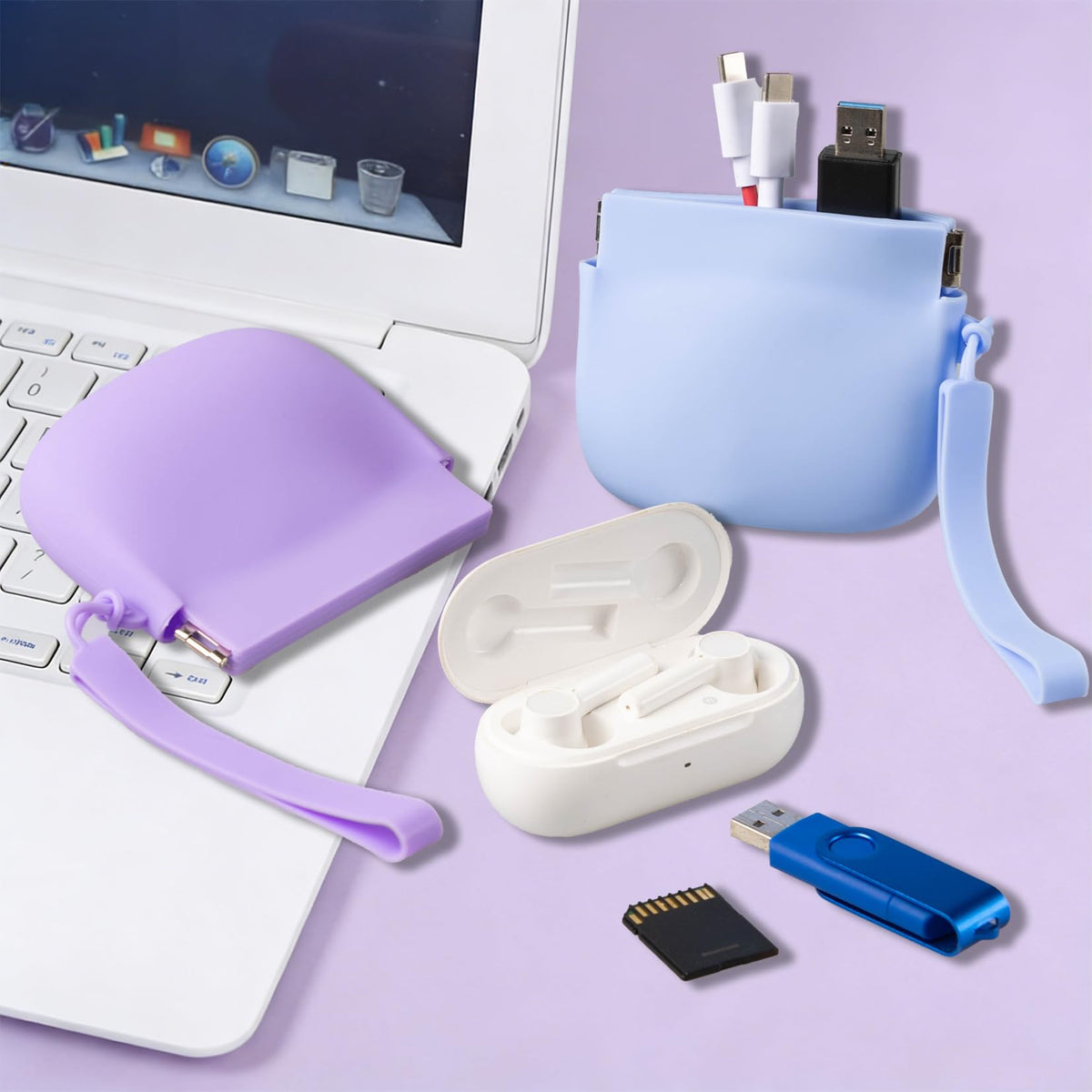 2-Pack Silicone Earbud Case, Pop-Open Cable Organizer for Headphones Charging Cords, Multi-Functional Travel Storage Pouch for Small Electronics & Accessories (Blue + Purple)