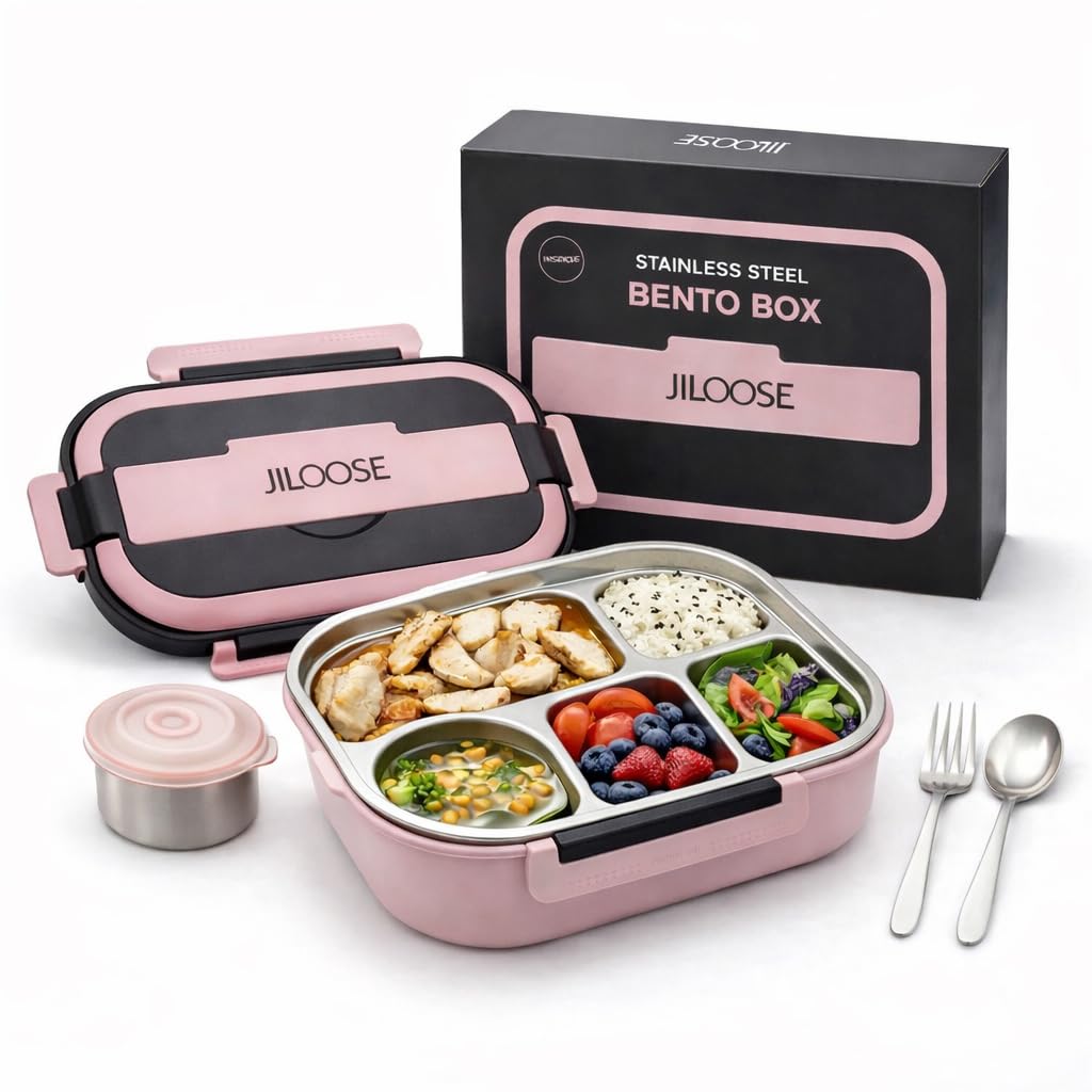 JILOOSE Stainless Steel Bento Box, Leak-Proof, BPA-Free, Dishwasher Safe, 4 Compartments Container School & Travel, Bento Lunch Box for Kids and Adults