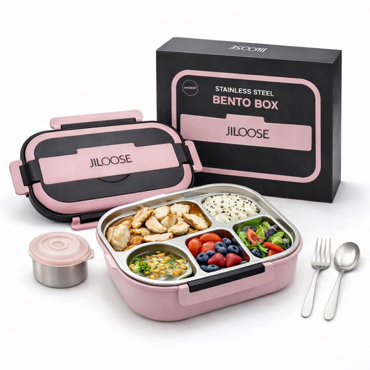 JILOOSE Stainless Steel Bento Box, Leak-Proof, BPA-Free, Dishwasher Safe, 4 Compartments Container School & Travel, Bento Lunch Box for Kids and Adults