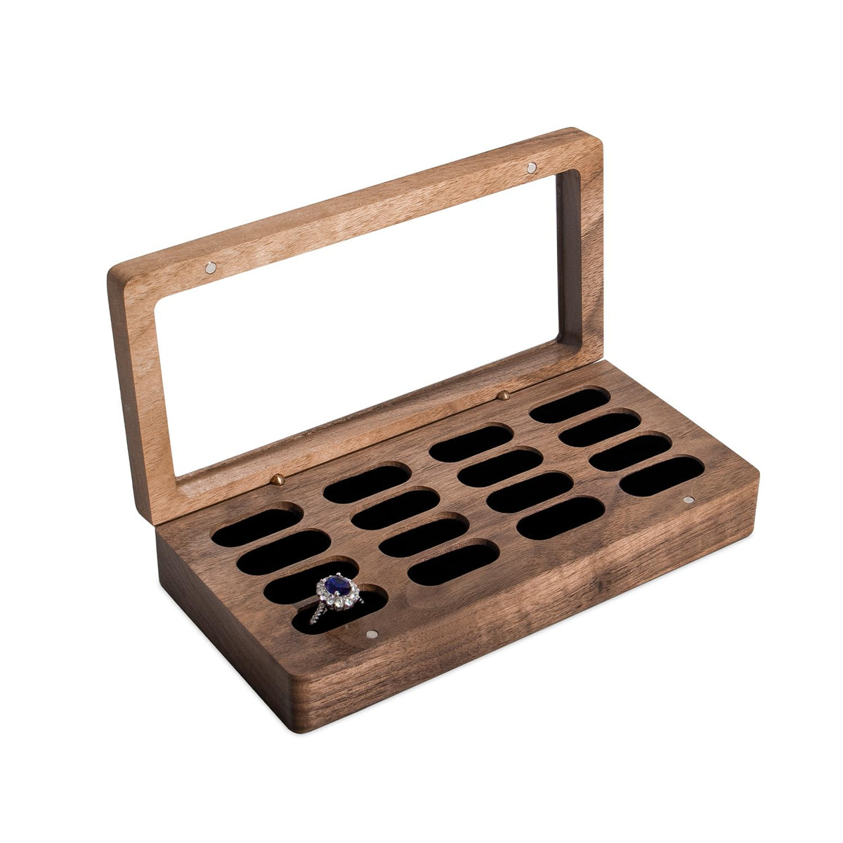 Wislist Luxury Solid Walnut Wood Ring Box with Glass Window - Ring case Jewelry Tray Jewelry Organizer for Rings, Studs & Earrings - Ideal for Store Display, Jewelry Showcases, Home Use & Gift Ideas