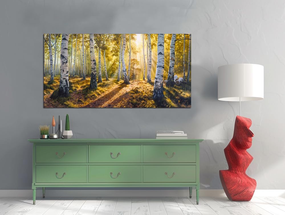 Sense&Sensitivity Arts-Green View White Birch Forest Canvas Painting Wall Art Decor Fall Artwork Modern Green Nature Artwork for Living Room Kitchen Bedroom Bathroom Office 40" x 20" Inch